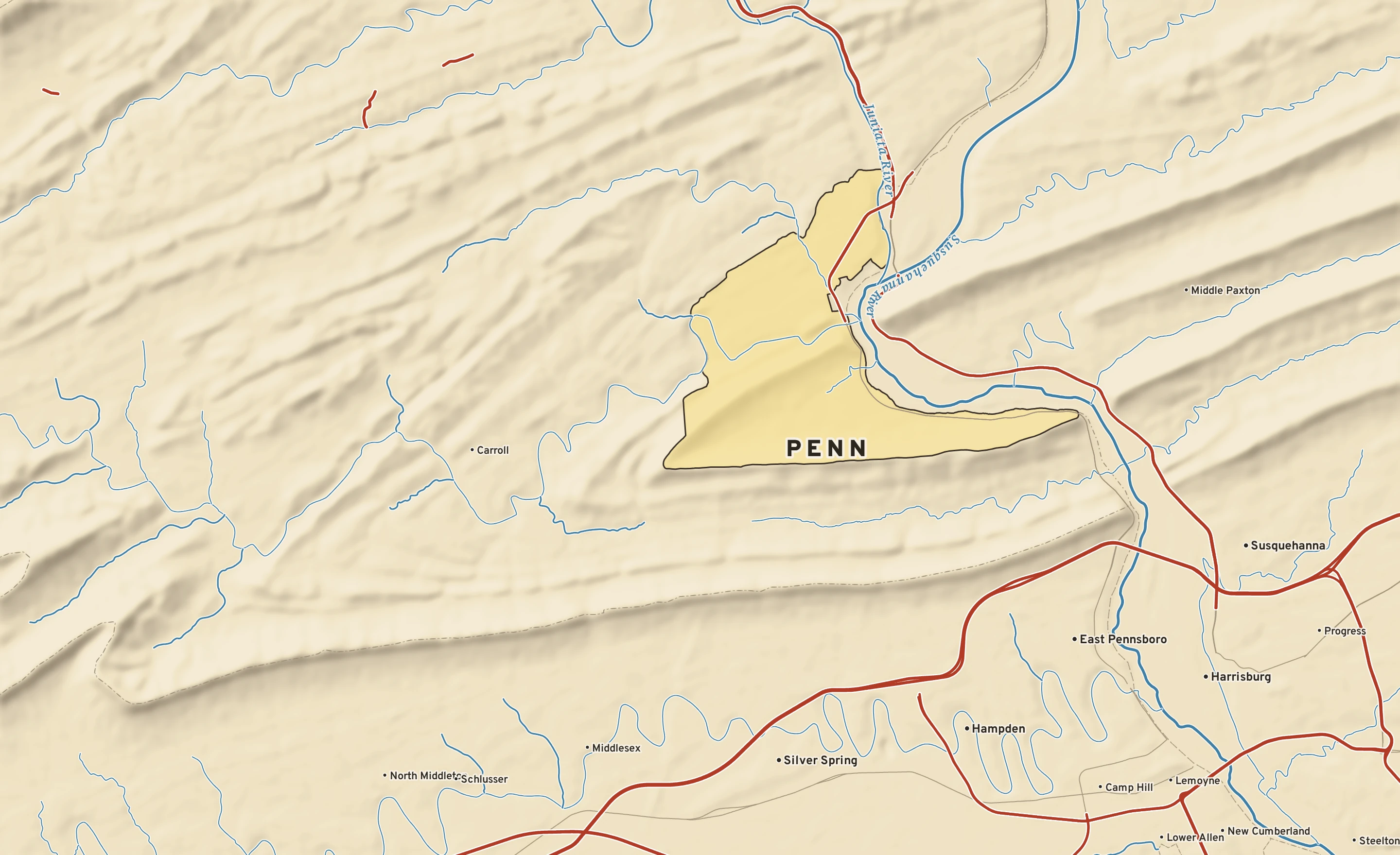 Shaded-relief atlas plate of Penn, Pennsylvania: rivers, roads, the city limits and where the water drains.