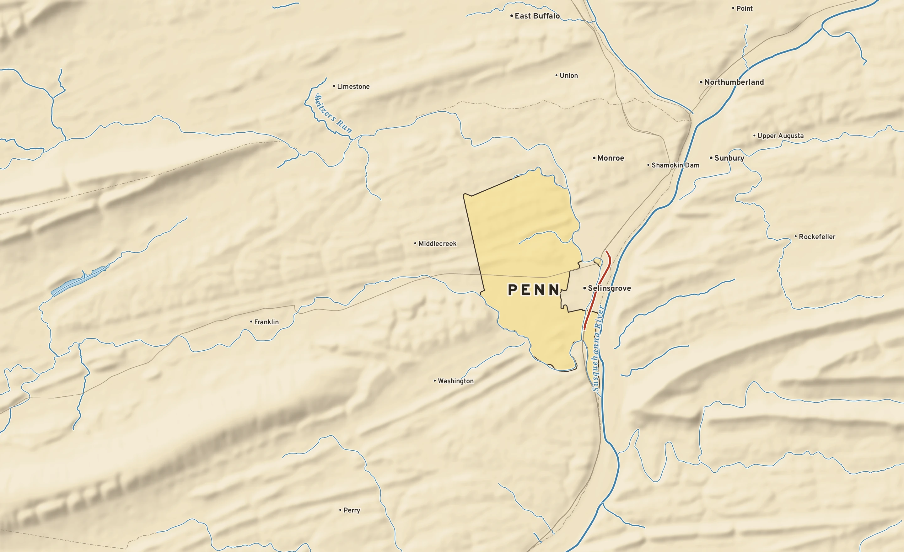 Shaded-relief atlas plate of Penn, Pennsylvania: rivers, roads, the city limits and where the water drains.