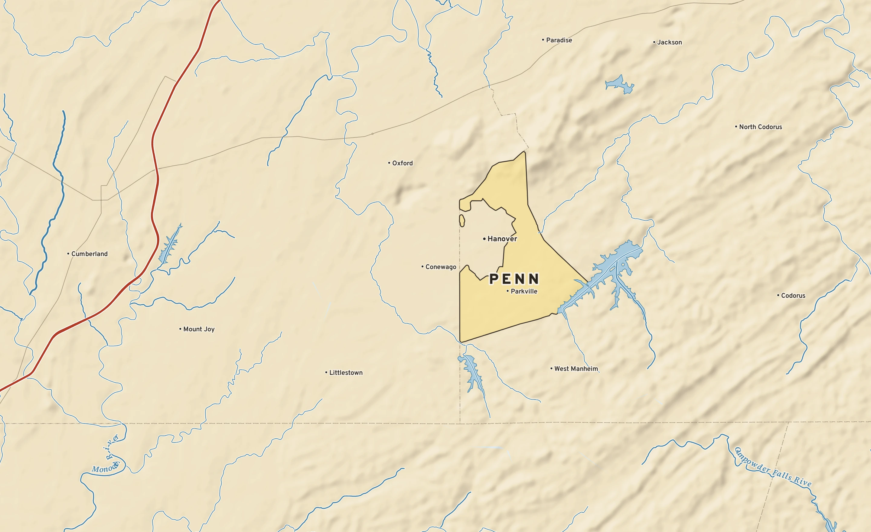 Shaded-relief atlas plate of Penn, Pennsylvania: rivers, roads, the city limits and where the water drains.