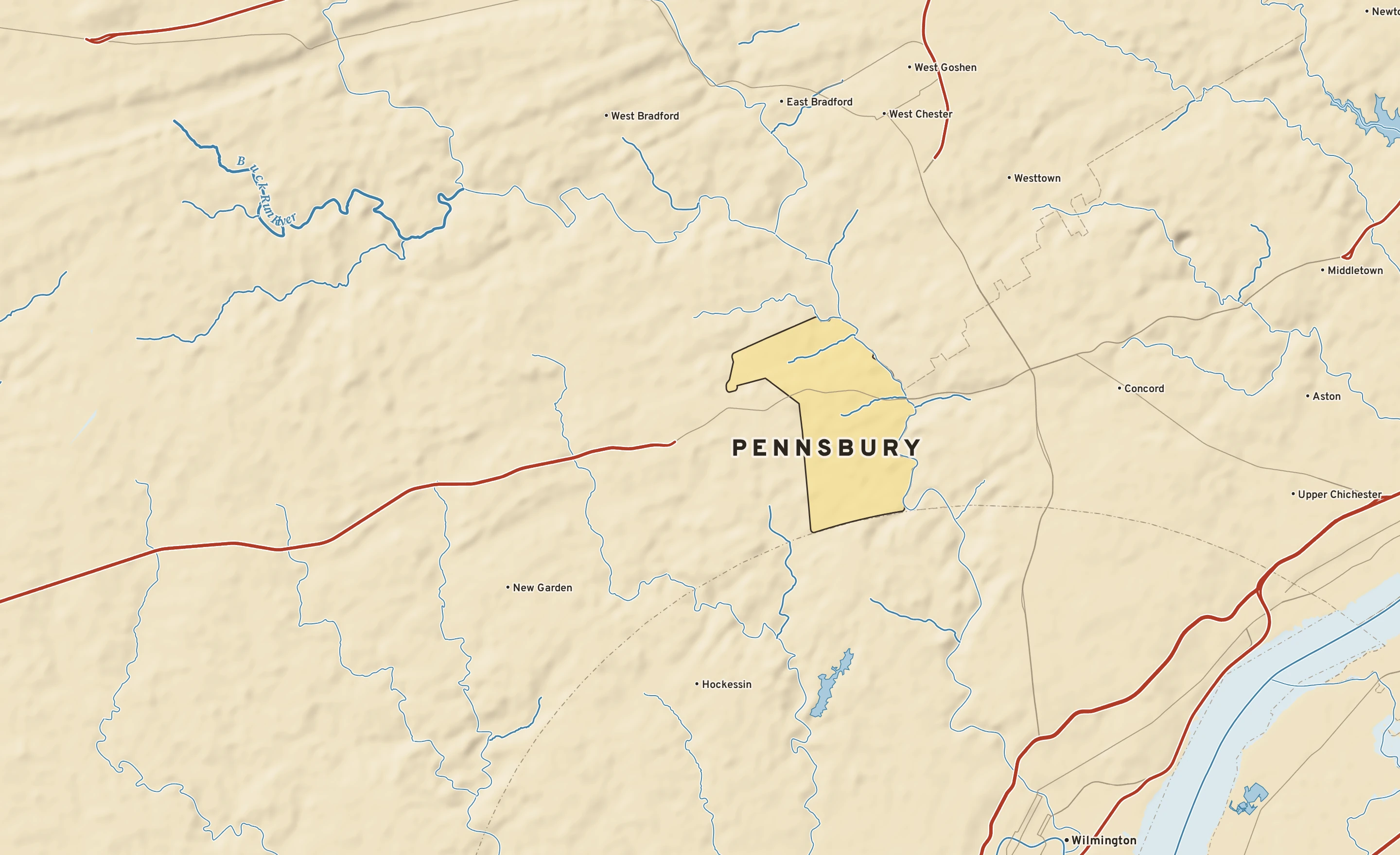 Shaded-relief atlas plate of Pennsbury, Pennsylvania: rivers, roads, the city limits and where the water drains.