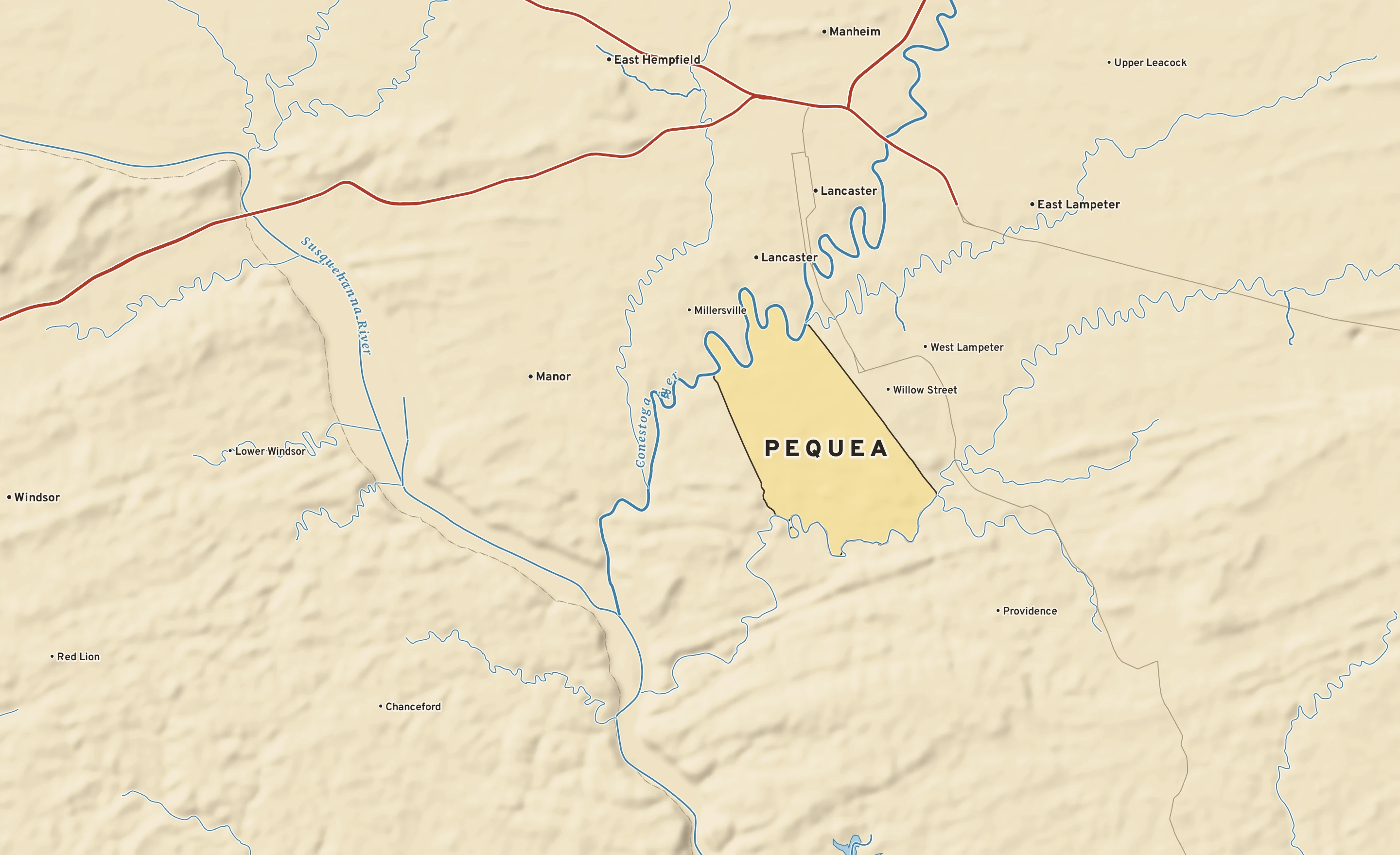 Shaded-relief atlas plate of Pequea, Pennsylvania: rivers, roads, the city limits and where the water drains.