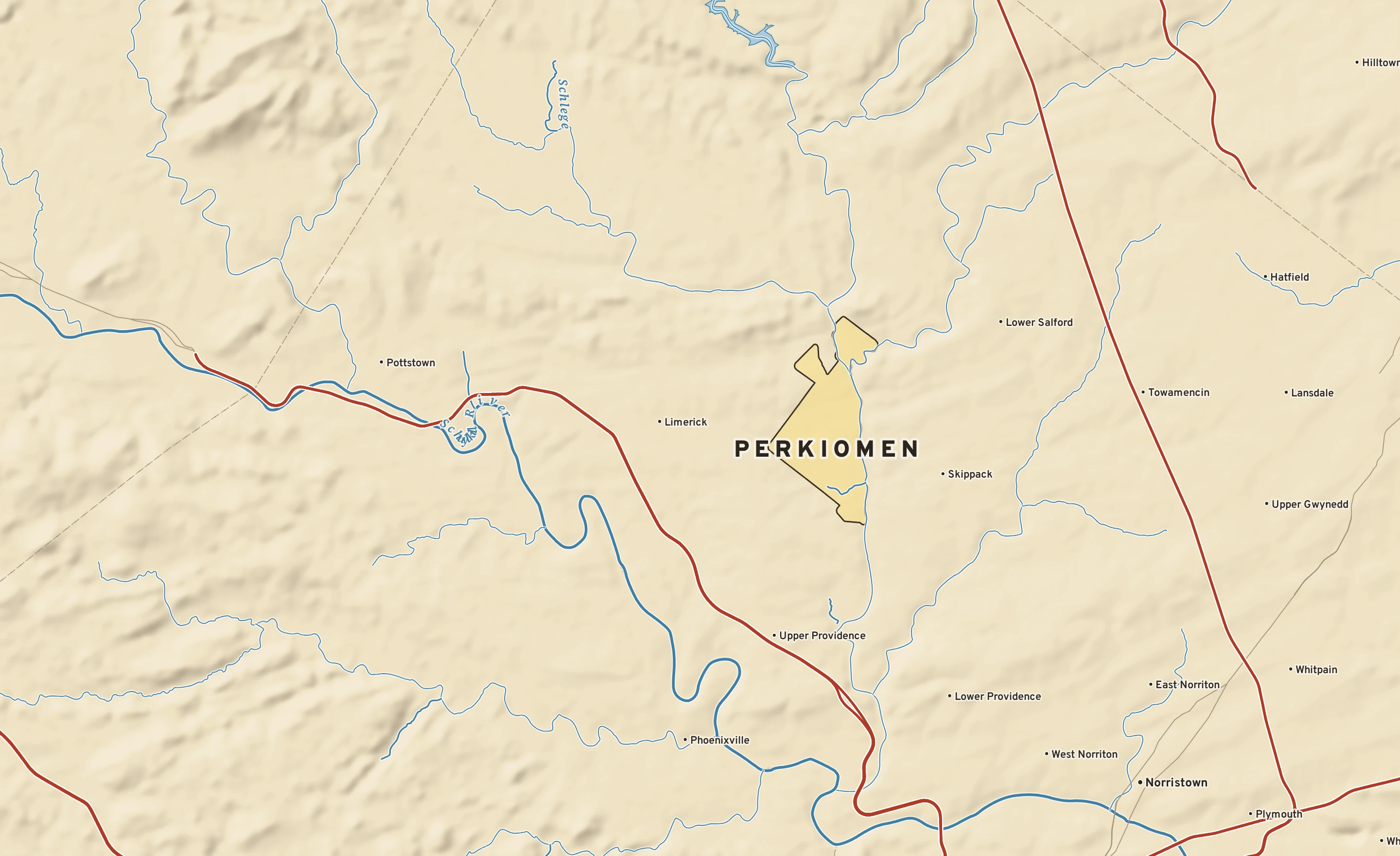 Shaded-relief atlas plate of Perkiomen, Pennsylvania: rivers, roads, the city limits and where the water drains.
