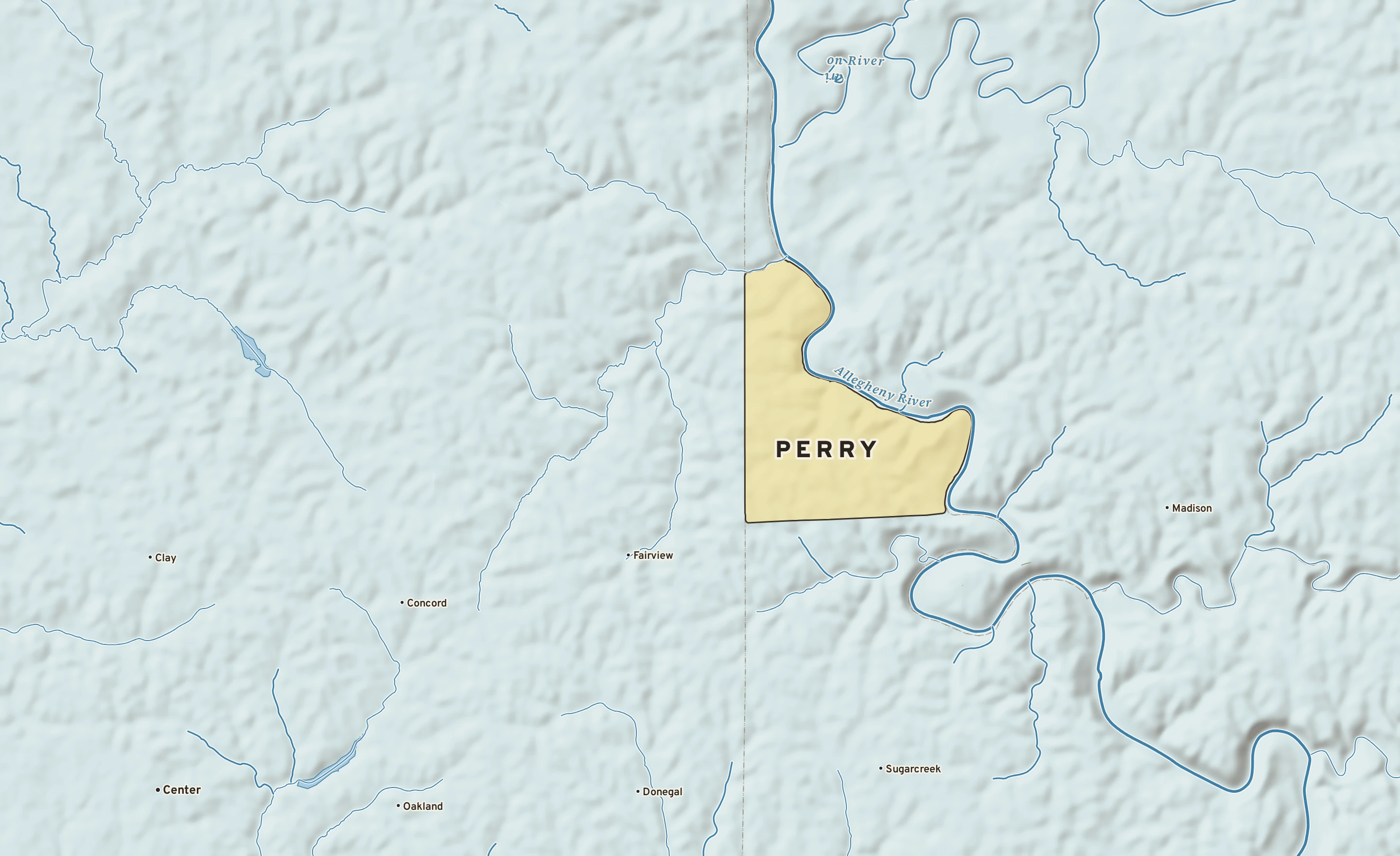 Shaded-relief atlas plate of Perry, Pennsylvania: rivers, roads, the city limits and where the water drains.