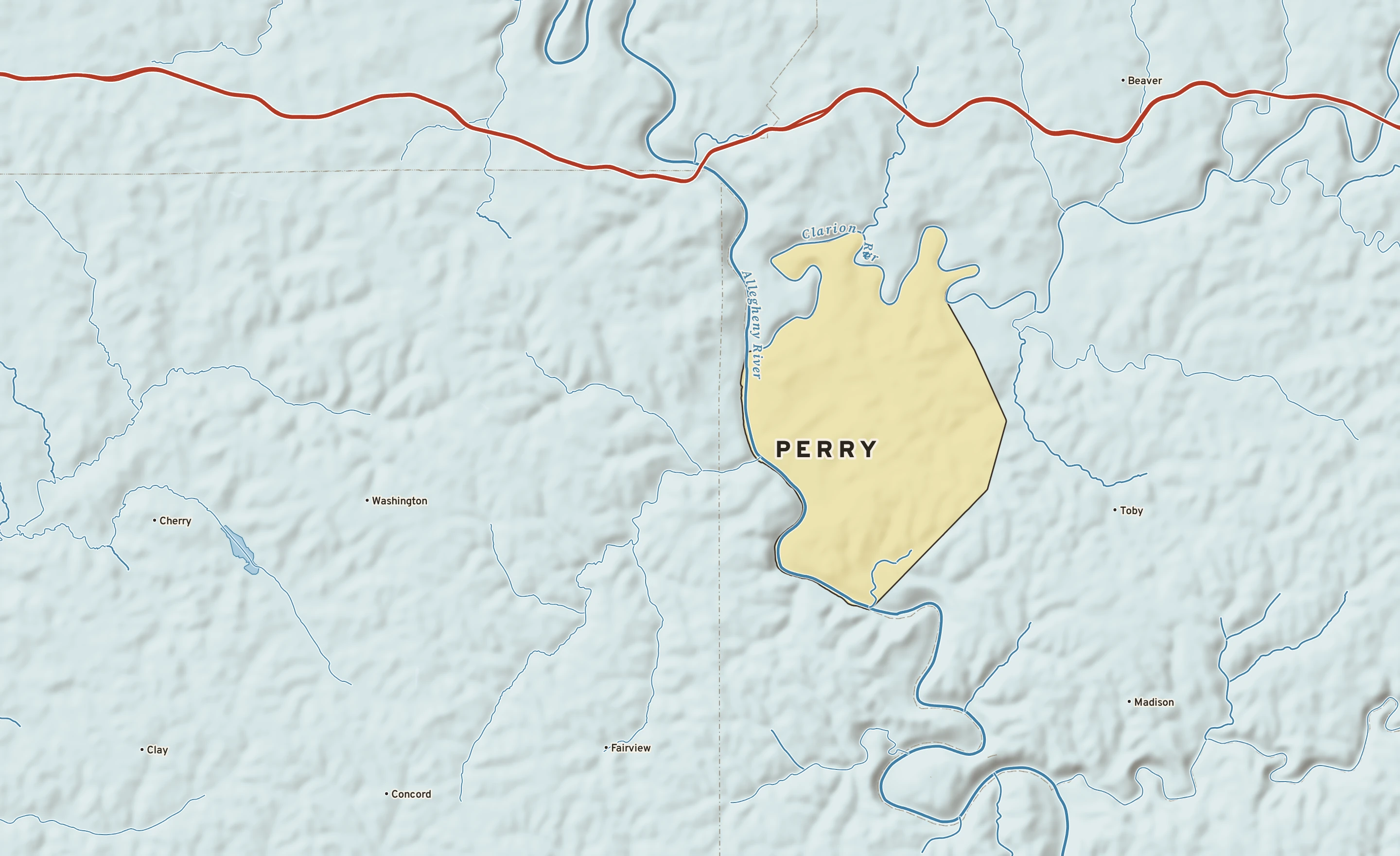 Shaded-relief atlas plate of Perry, Pennsylvania: rivers, roads, the city limits and where the water drains.