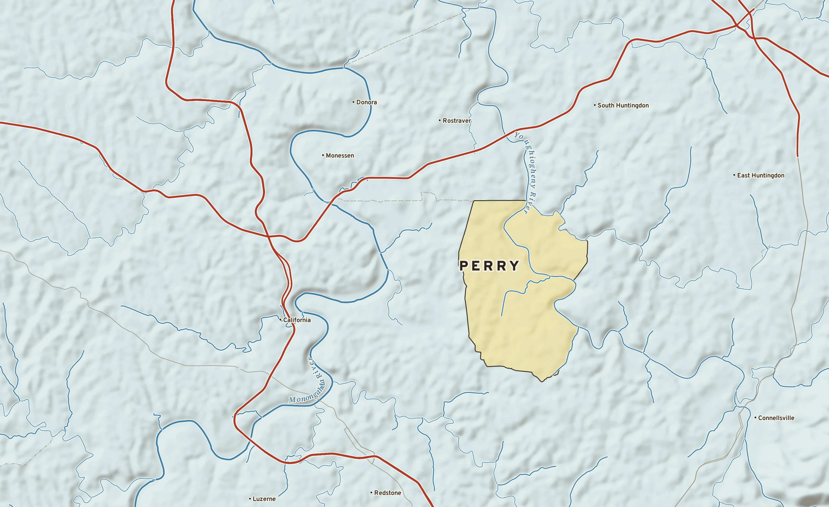 Shaded-relief atlas plate of Perry, Pennsylvania: rivers, roads, the city limits and where the water drains.