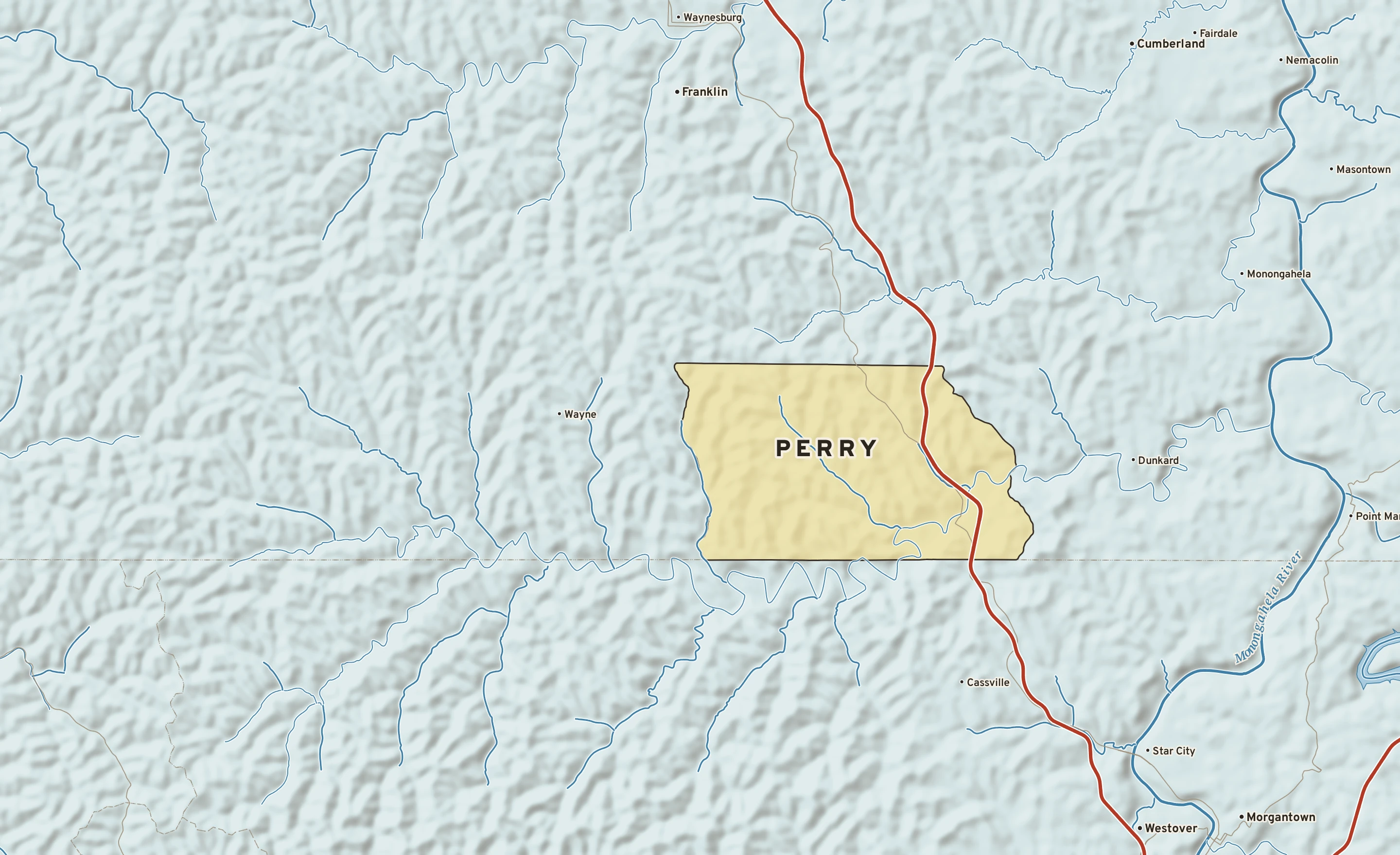 Shaded-relief atlas plate of Perry, Pennsylvania: rivers, roads, the city limits and where the water drains.