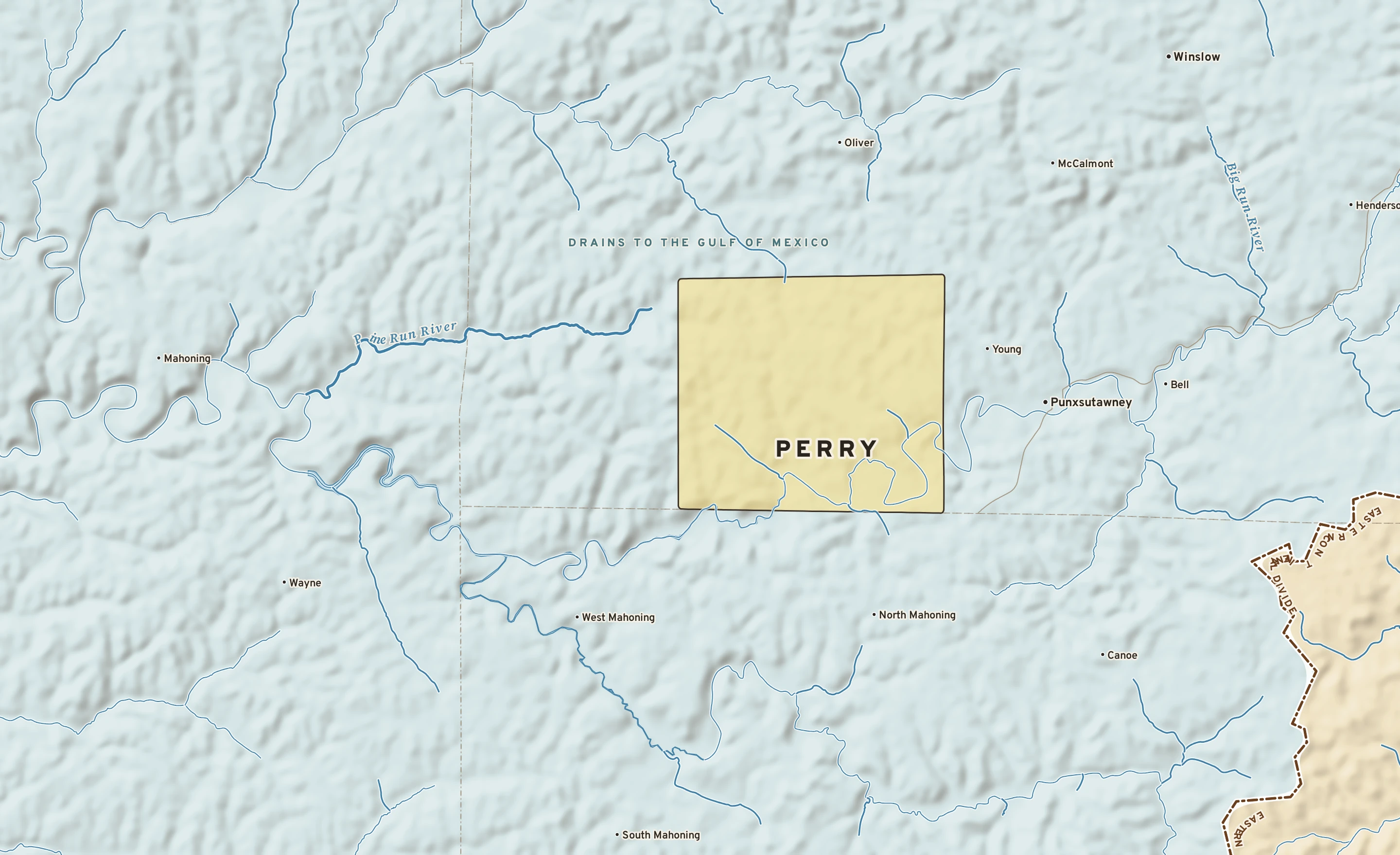 Shaded-relief atlas plate of Perry, Pennsylvania: rivers, roads, the city limits and where the water drains.