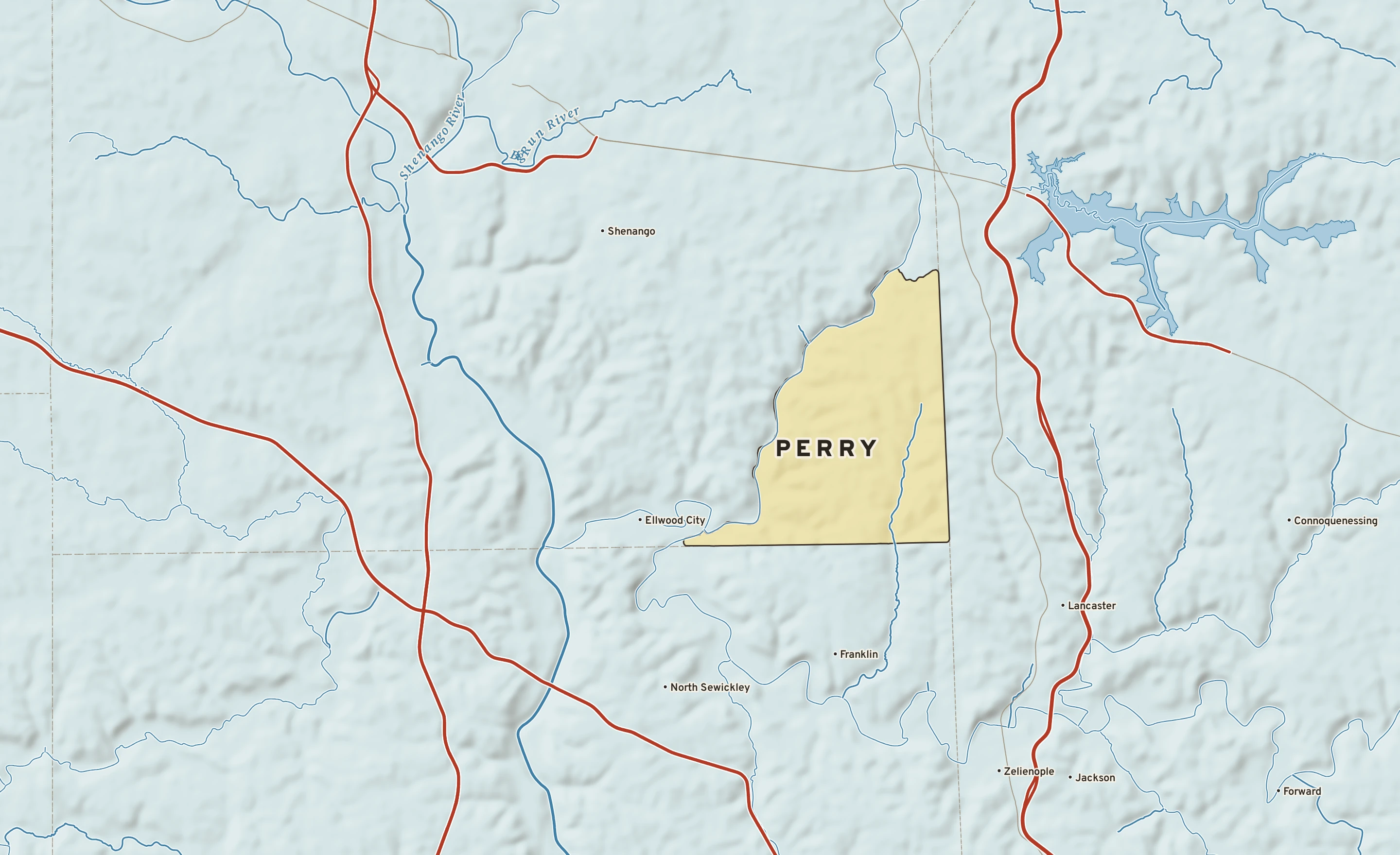 Shaded-relief atlas plate of Perry, Pennsylvania: rivers, roads, the city limits and where the water drains.