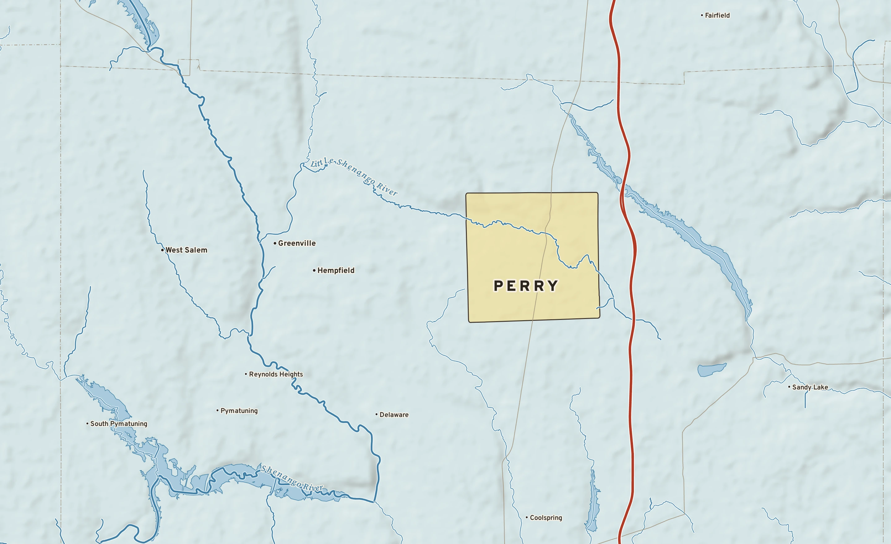 Shaded-relief atlas plate of Perry, Pennsylvania: rivers, roads, the city limits and where the water drains.