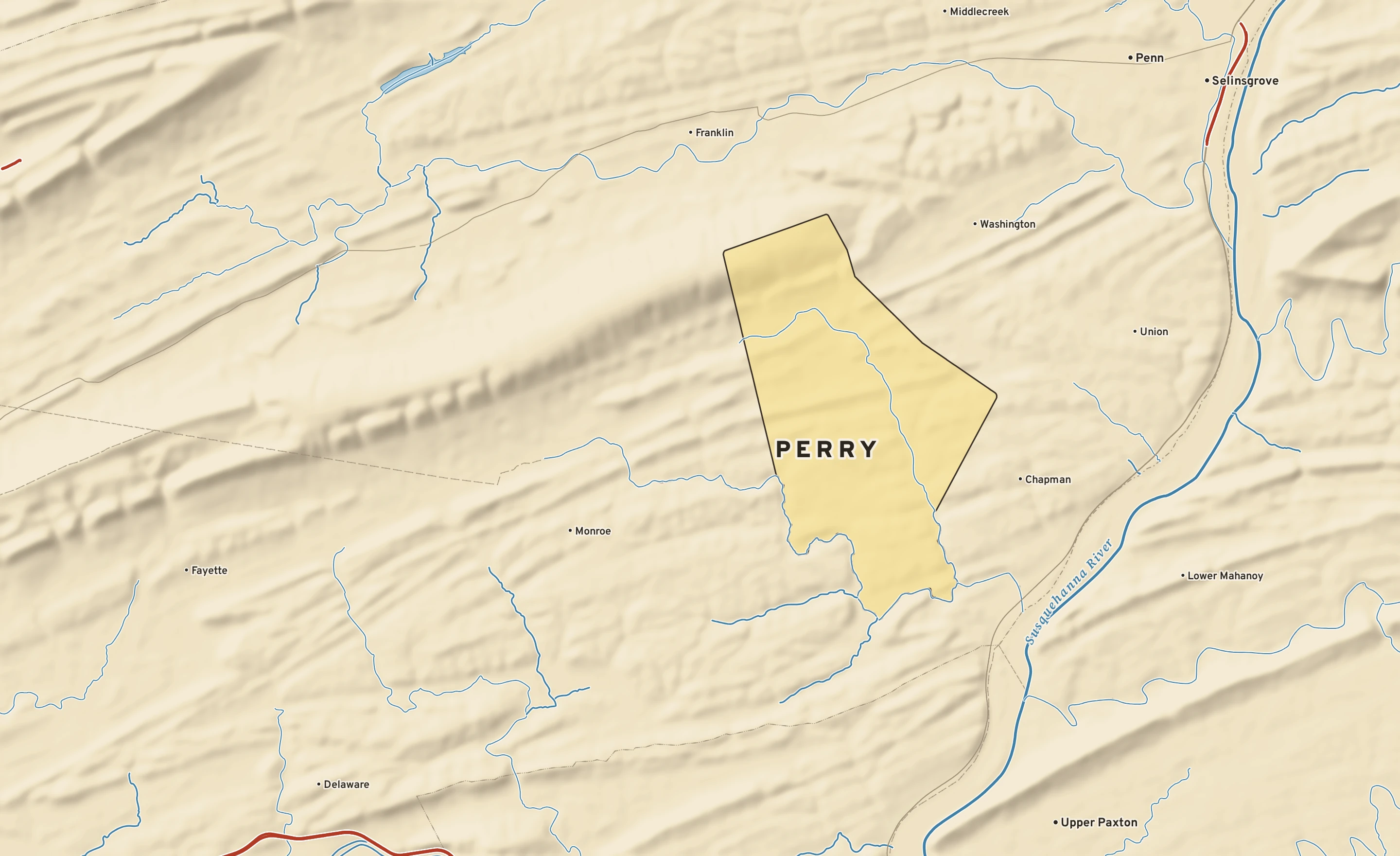 Shaded-relief atlas plate of Perry, Pennsylvania: rivers, roads, the city limits and where the water drains.