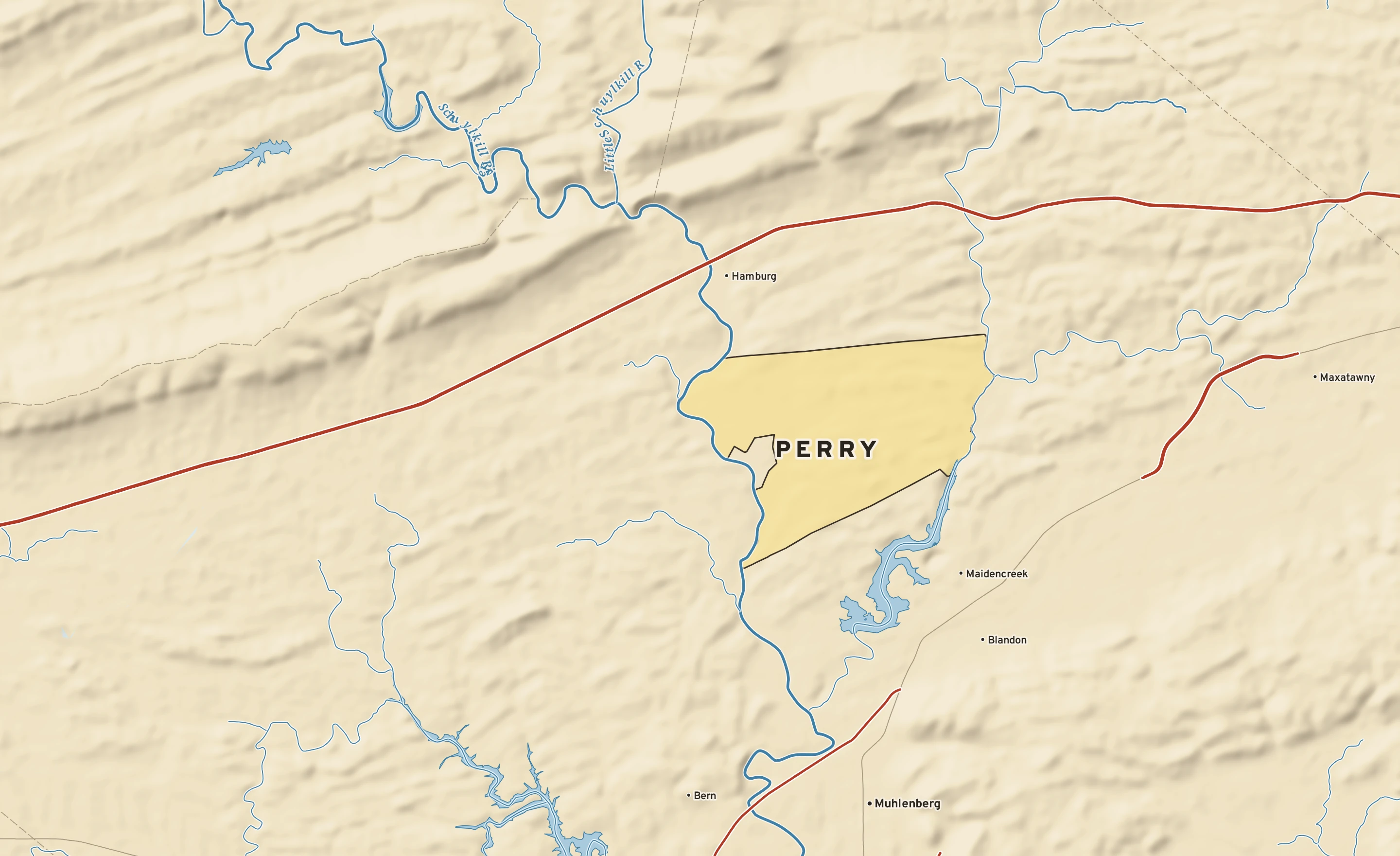 Shaded-relief atlas plate of Perry, Pennsylvania: rivers, roads, the city limits and where the water drains.