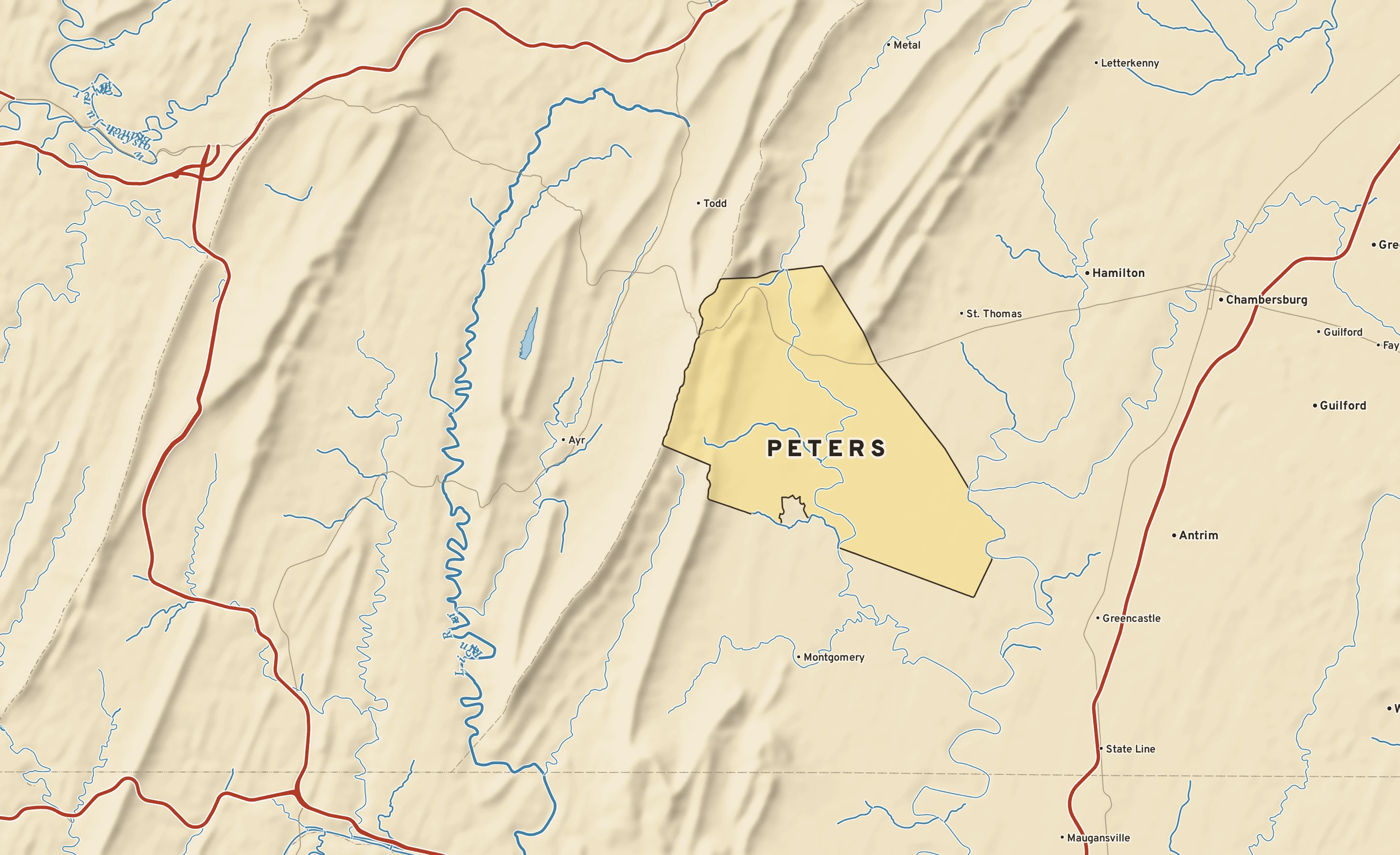 Shaded-relief atlas plate of Peters, Pennsylvania: rivers, roads, the city limits and where the water drains.