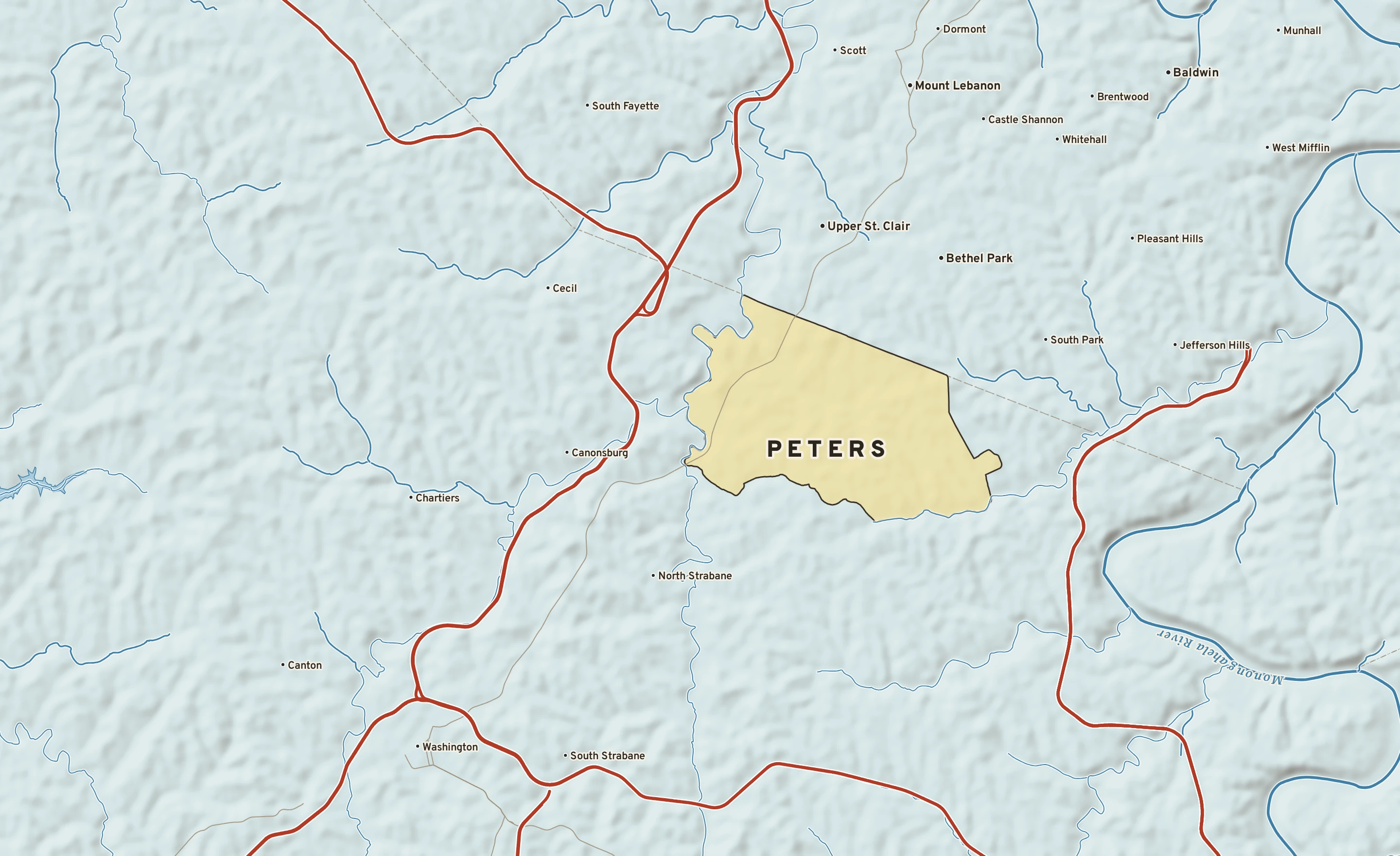 Shaded-relief atlas plate of Peters, Pennsylvania: rivers, roads, the city limits and where the water drains.
