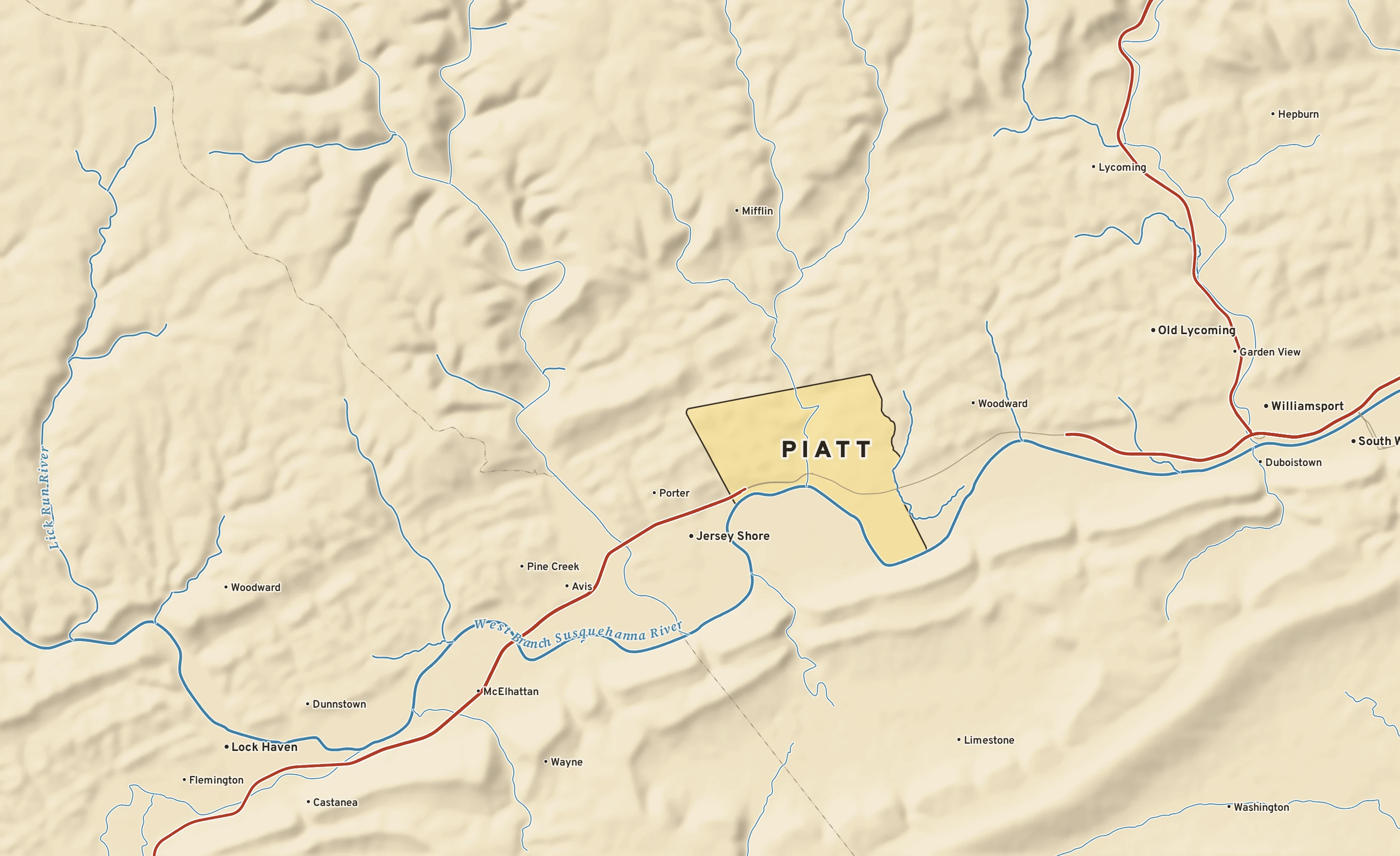 Shaded-relief atlas plate of Piatt, Pennsylvania: rivers, roads, the city limits and where the water drains.