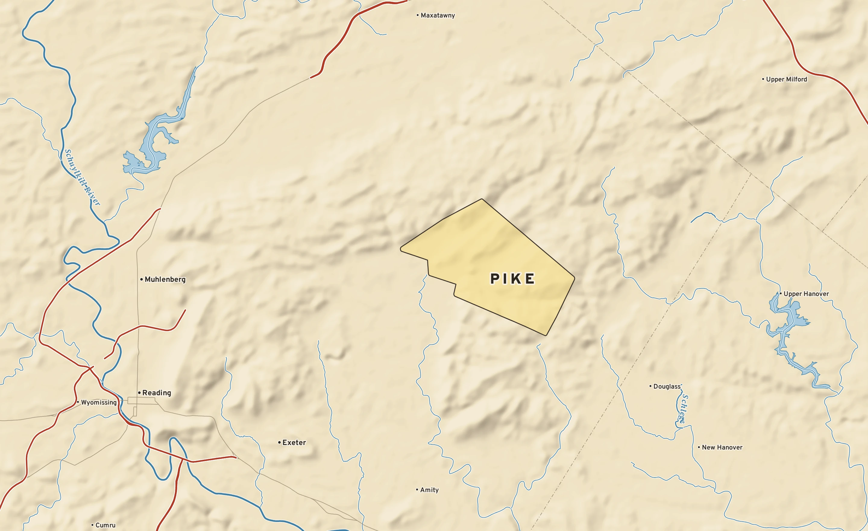 Shaded-relief atlas plate of Pike, Pennsylvania: rivers, roads, the city limits and where the water drains.