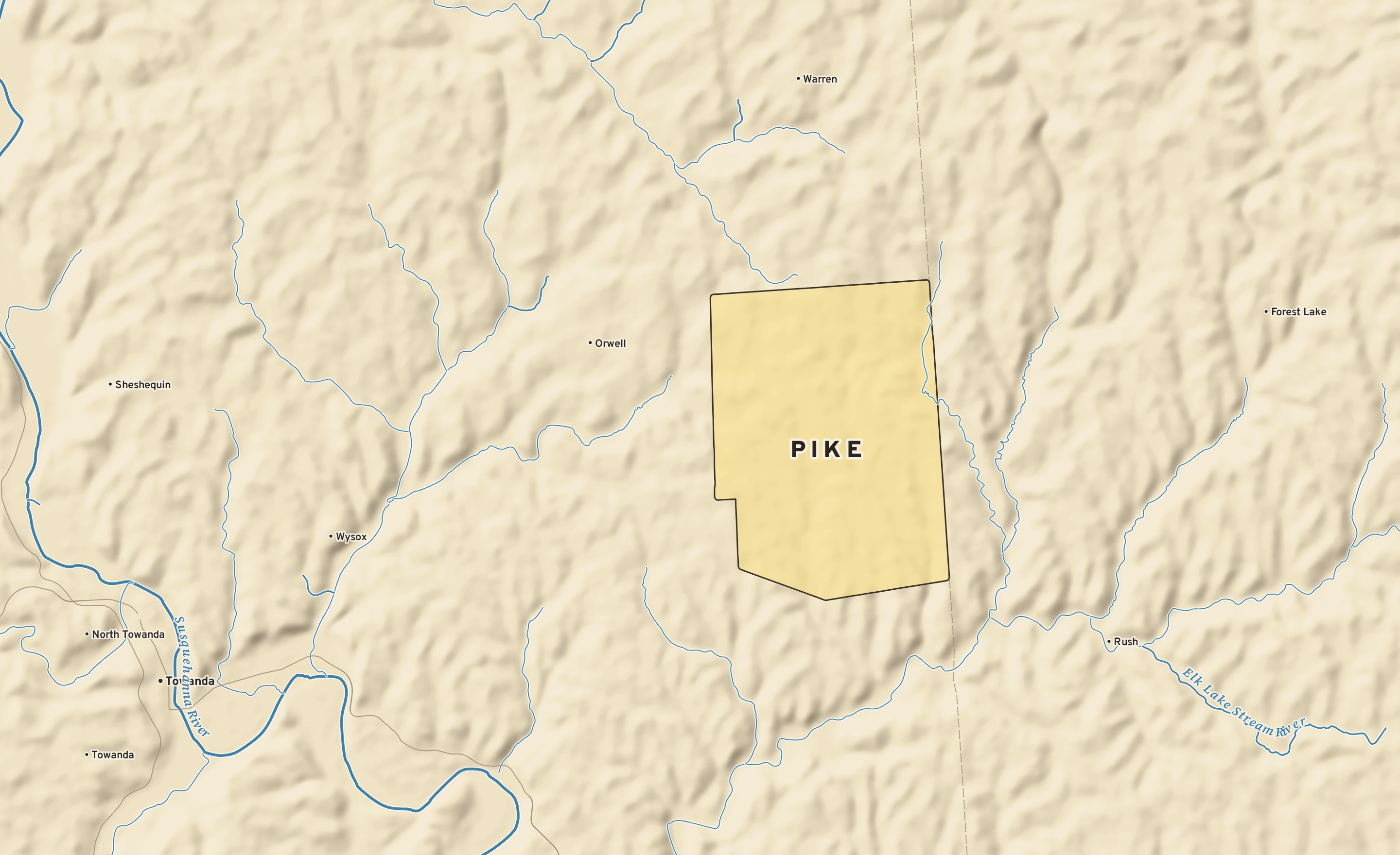 Shaded-relief atlas plate of Pike, Pennsylvania: rivers, roads, the city limits and where the water drains.