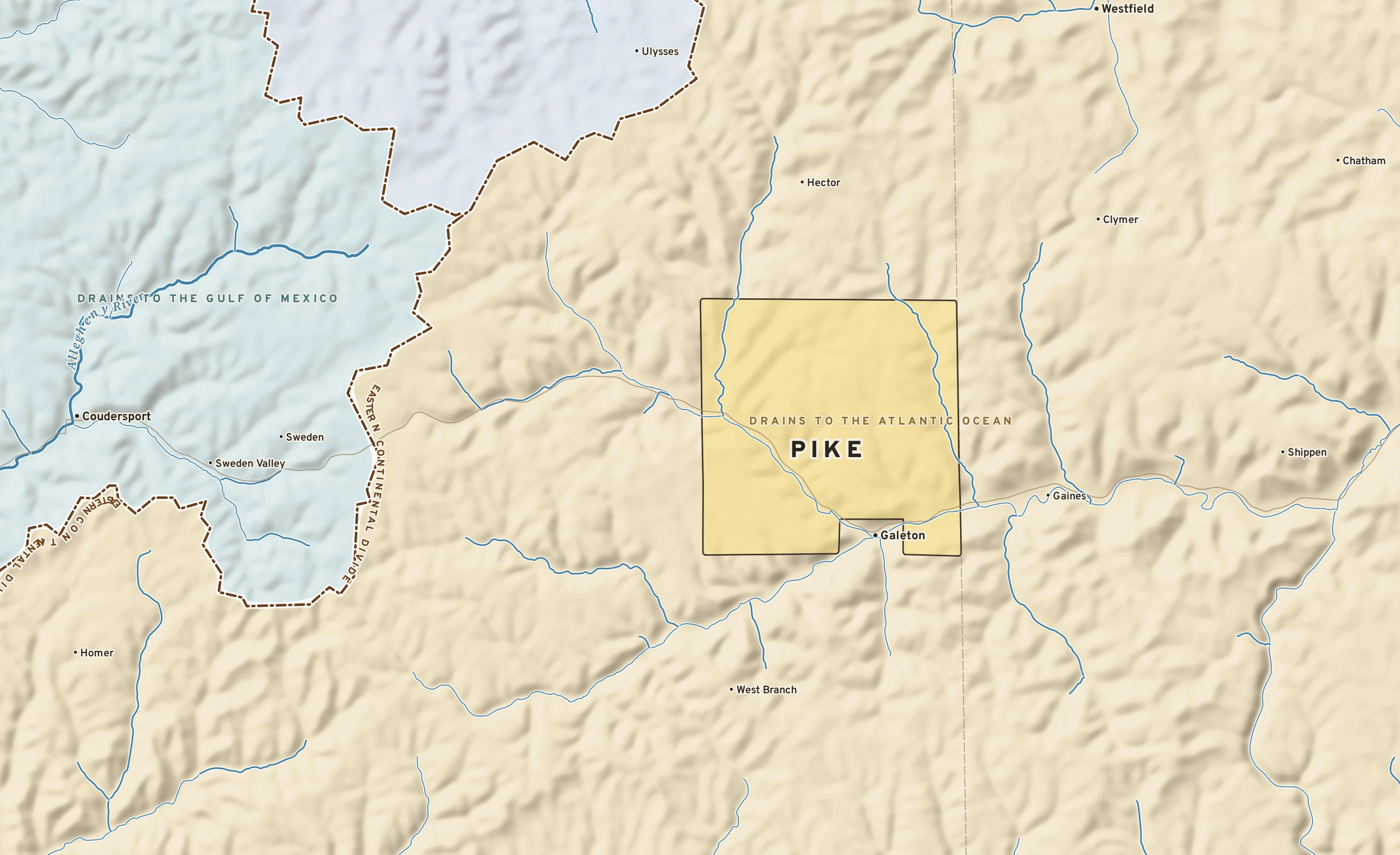 Shaded-relief atlas plate of Pike, Pennsylvania: rivers, roads, the city limits and where the water drains.