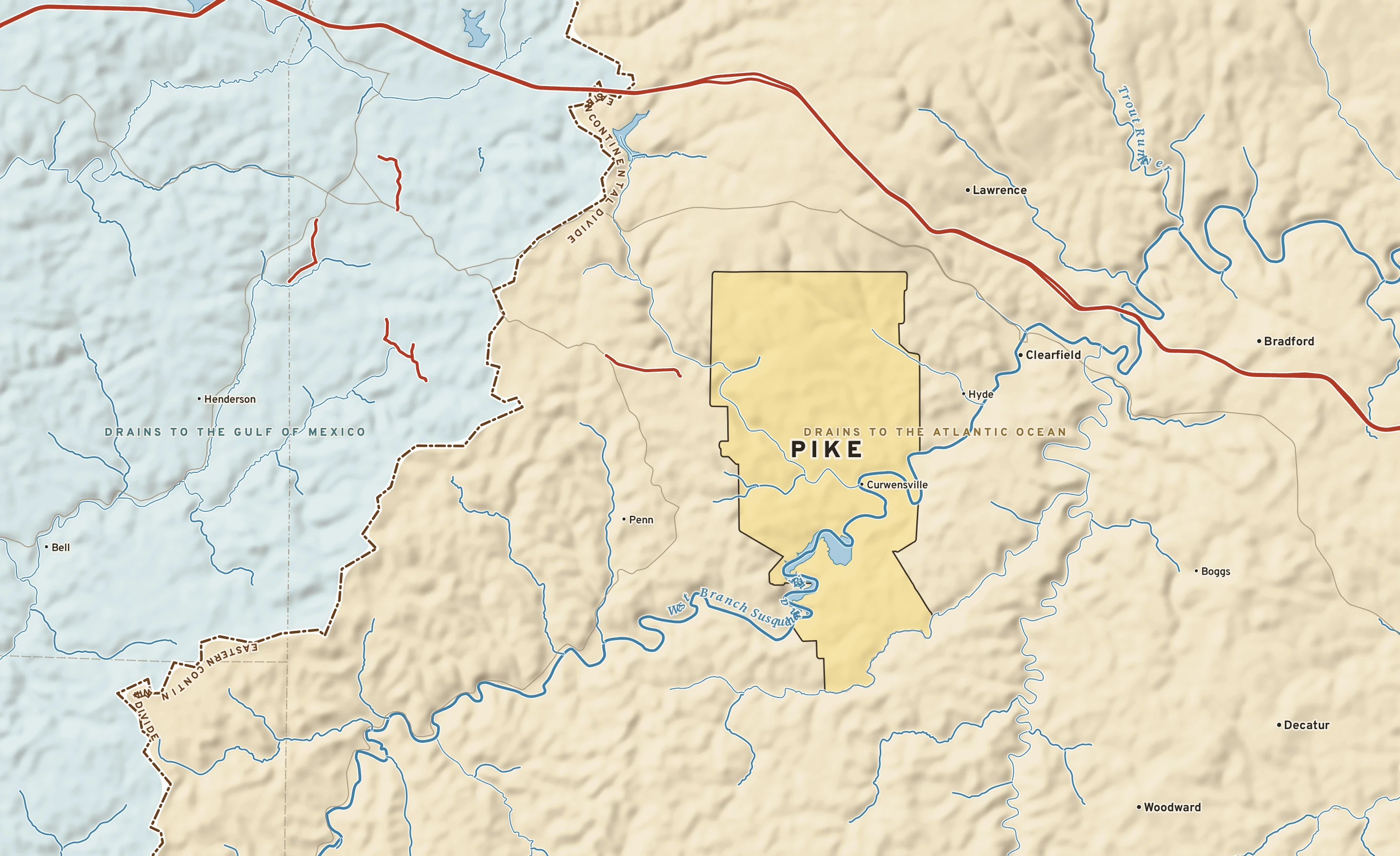 Shaded-relief atlas plate of Pike, Pennsylvania: rivers, roads, the city limits and where the water drains.