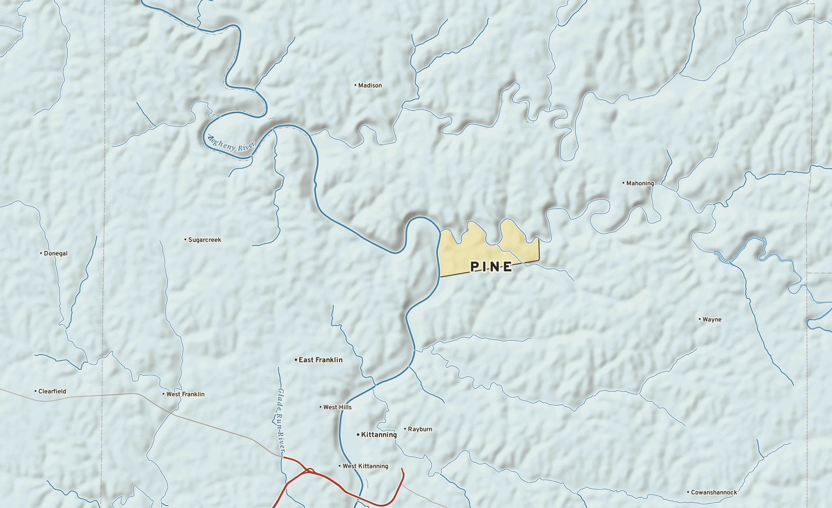 Shaded-relief atlas plate of Pine, Pennsylvania: rivers, roads, the city limits and where the water drains.