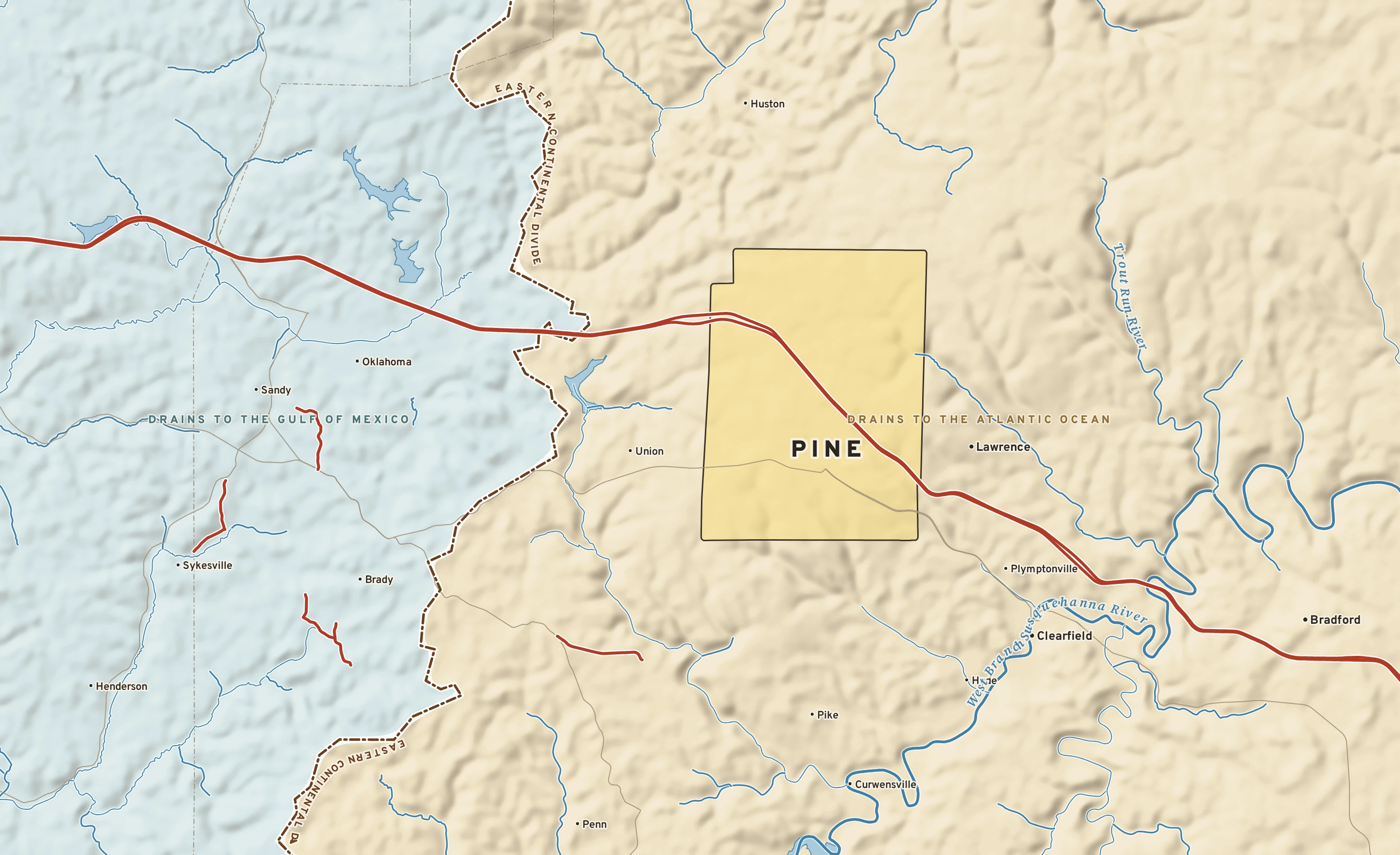 Shaded-relief atlas plate of Pine, Pennsylvania: rivers, roads, the city limits and where the water drains.