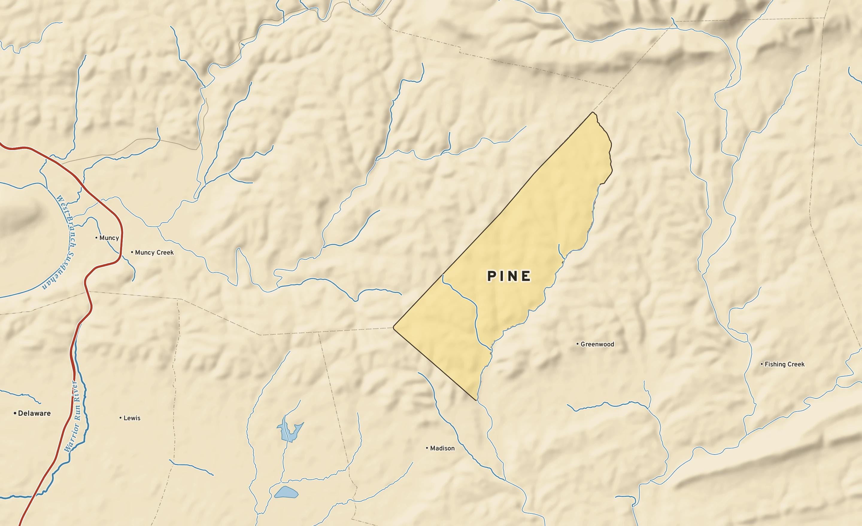 Shaded-relief atlas plate of Pine, Pennsylvania: rivers, roads, the city limits and where the water drains.