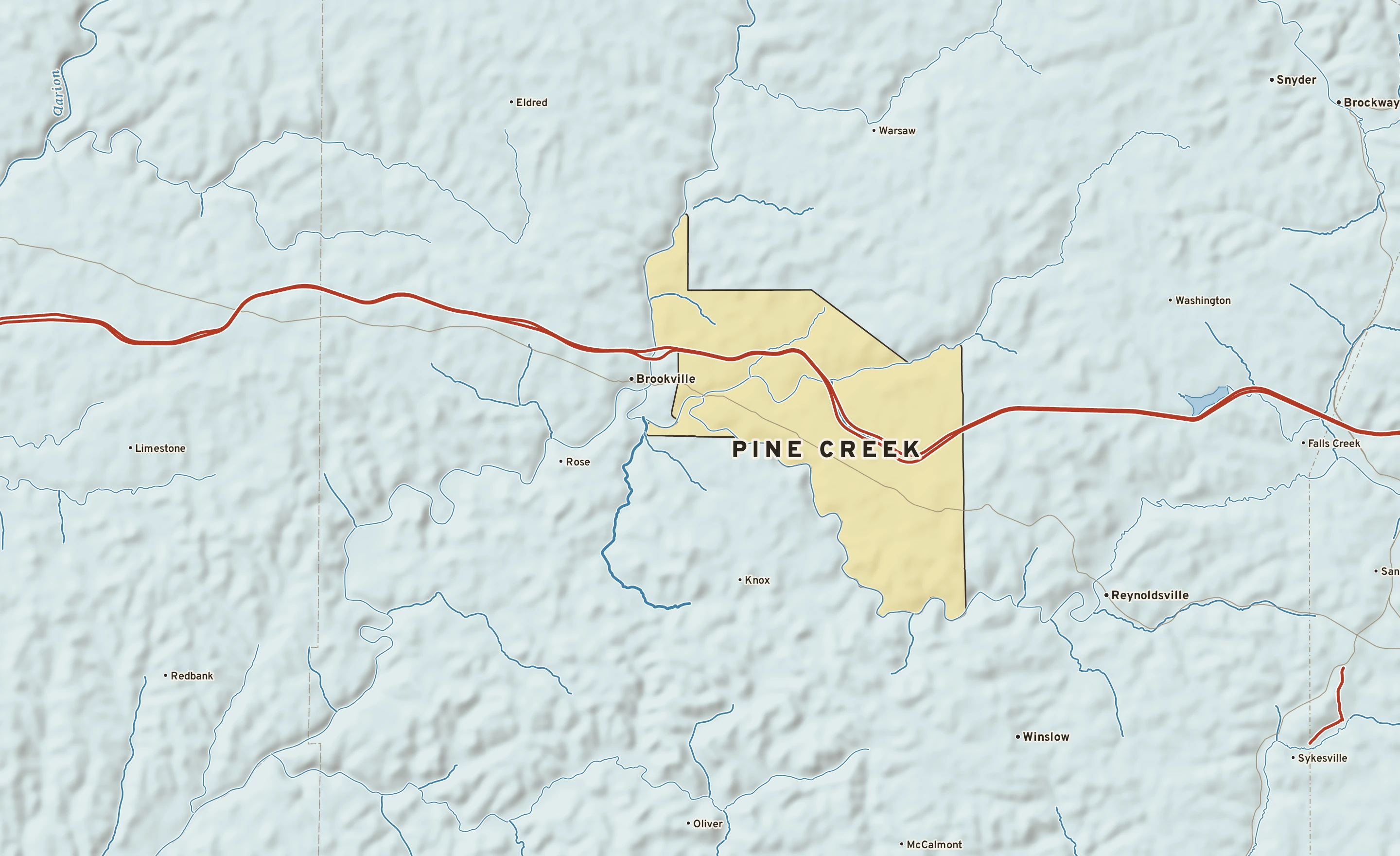 Shaded-relief atlas plate of Pine Creek, Pennsylvania: rivers, roads, the city limits and where the water drains.