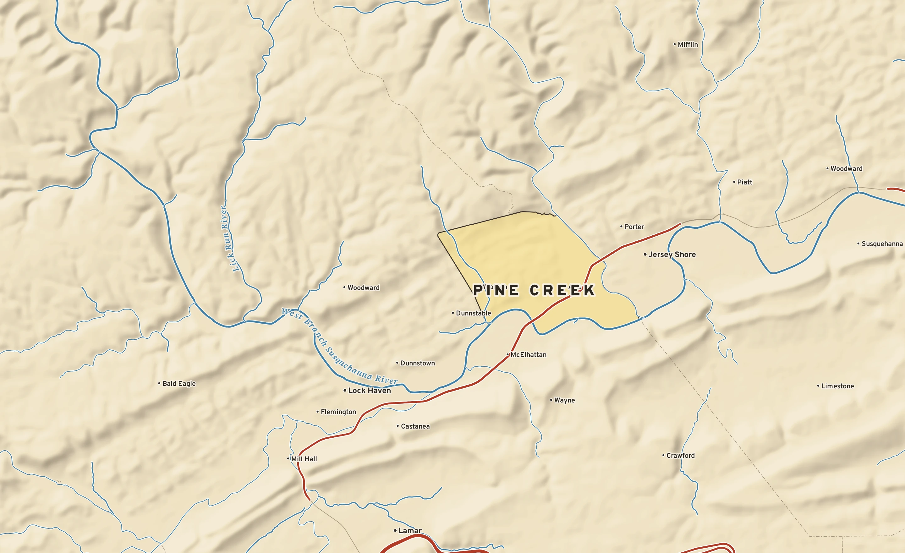 Shaded-relief atlas plate of Pine Creek, Pennsylvania: rivers, roads, the city limits and where the water drains.