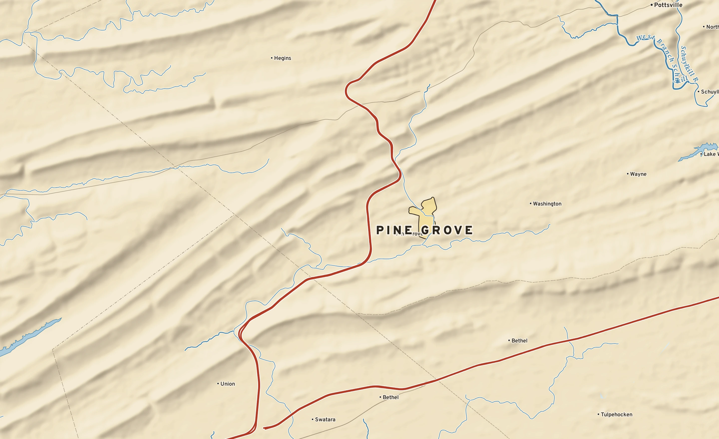 Shaded-relief atlas plate of Pine Grove, Pennsylvania: rivers, roads, the city limits and where the water drains.