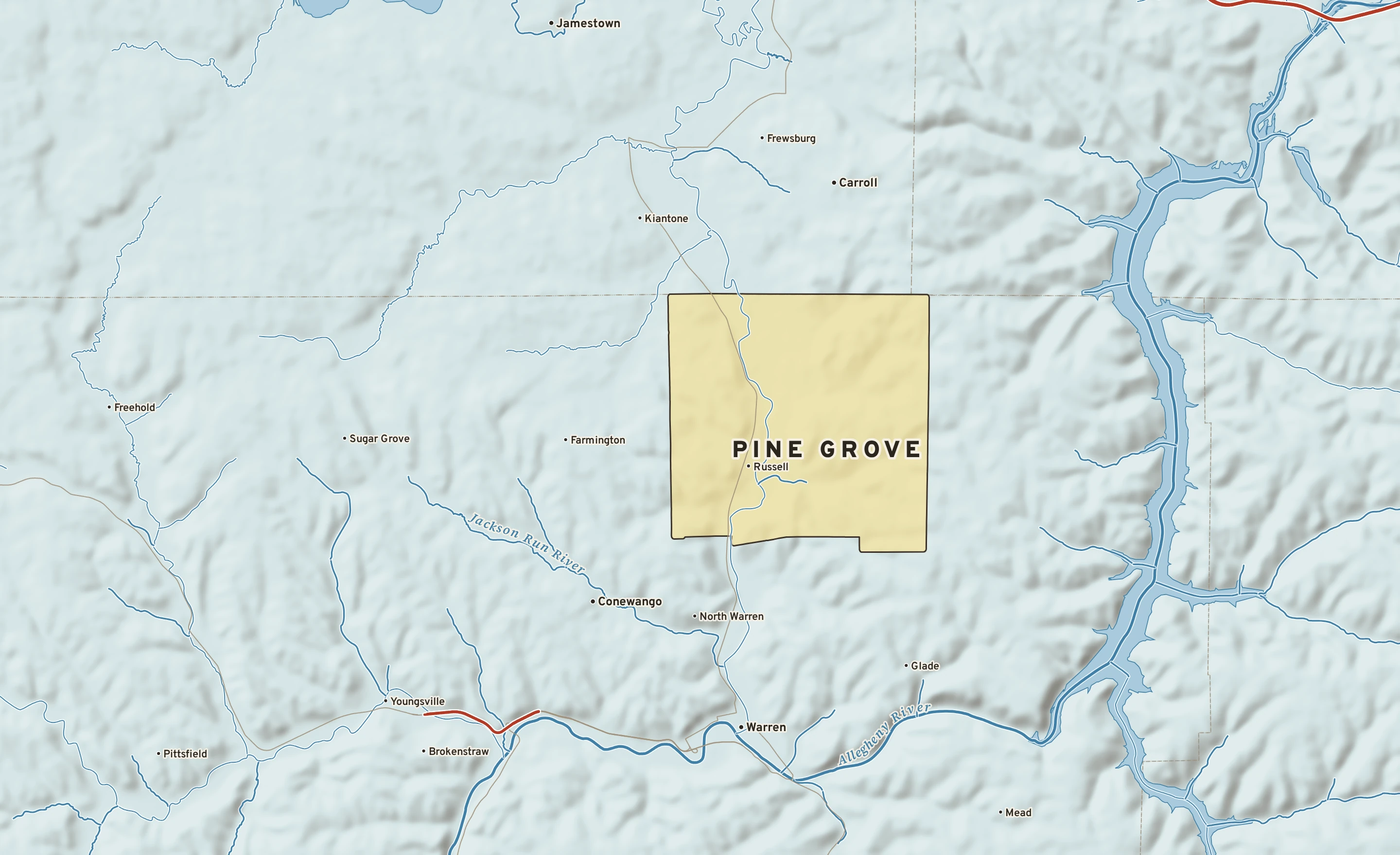 Shaded-relief atlas plate of Pine Grove, Pennsylvania: rivers, roads, the city limits and where the water drains.