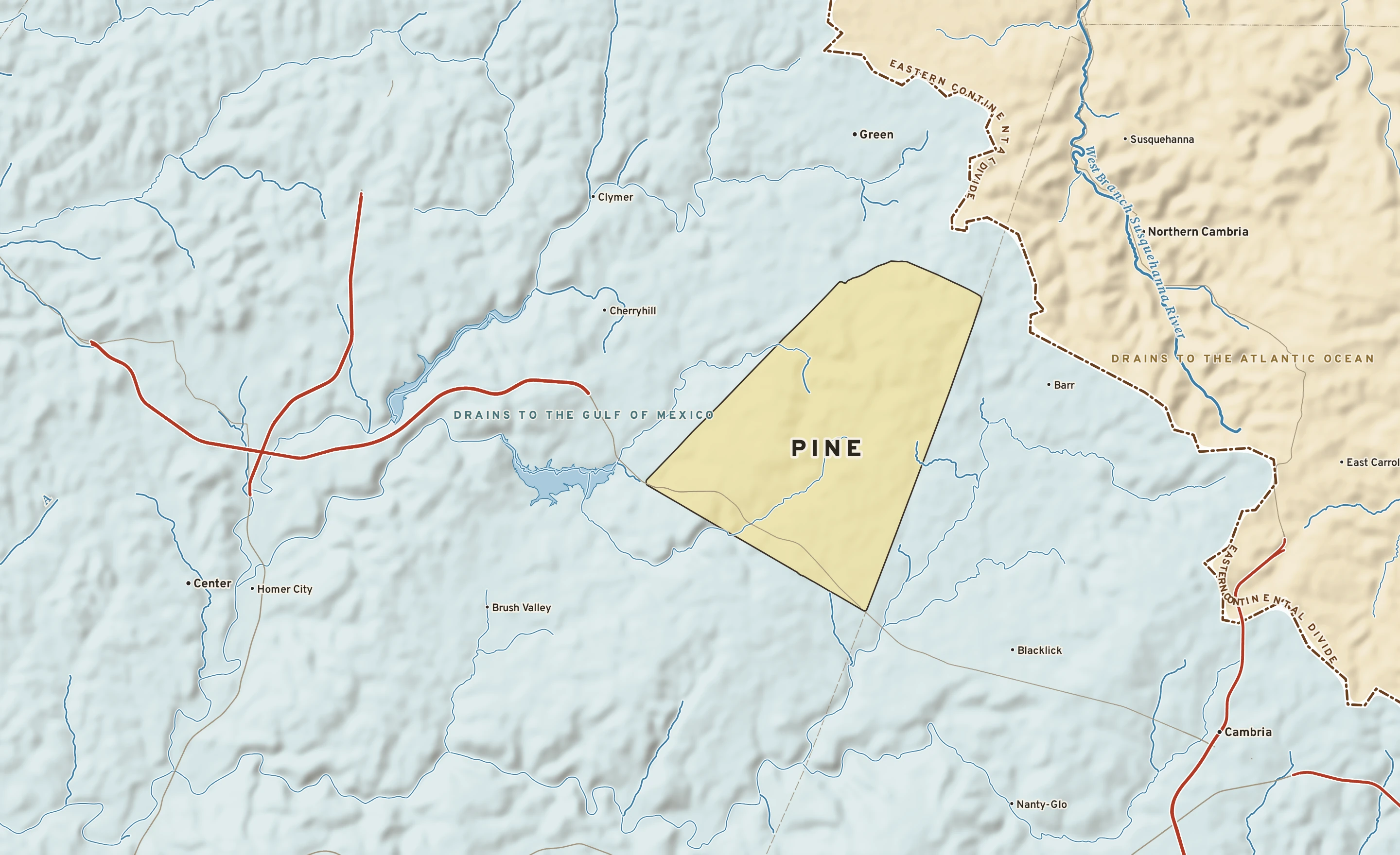 Shaded-relief atlas plate of Pine, Pennsylvania: rivers, roads, the city limits and where the water drains.