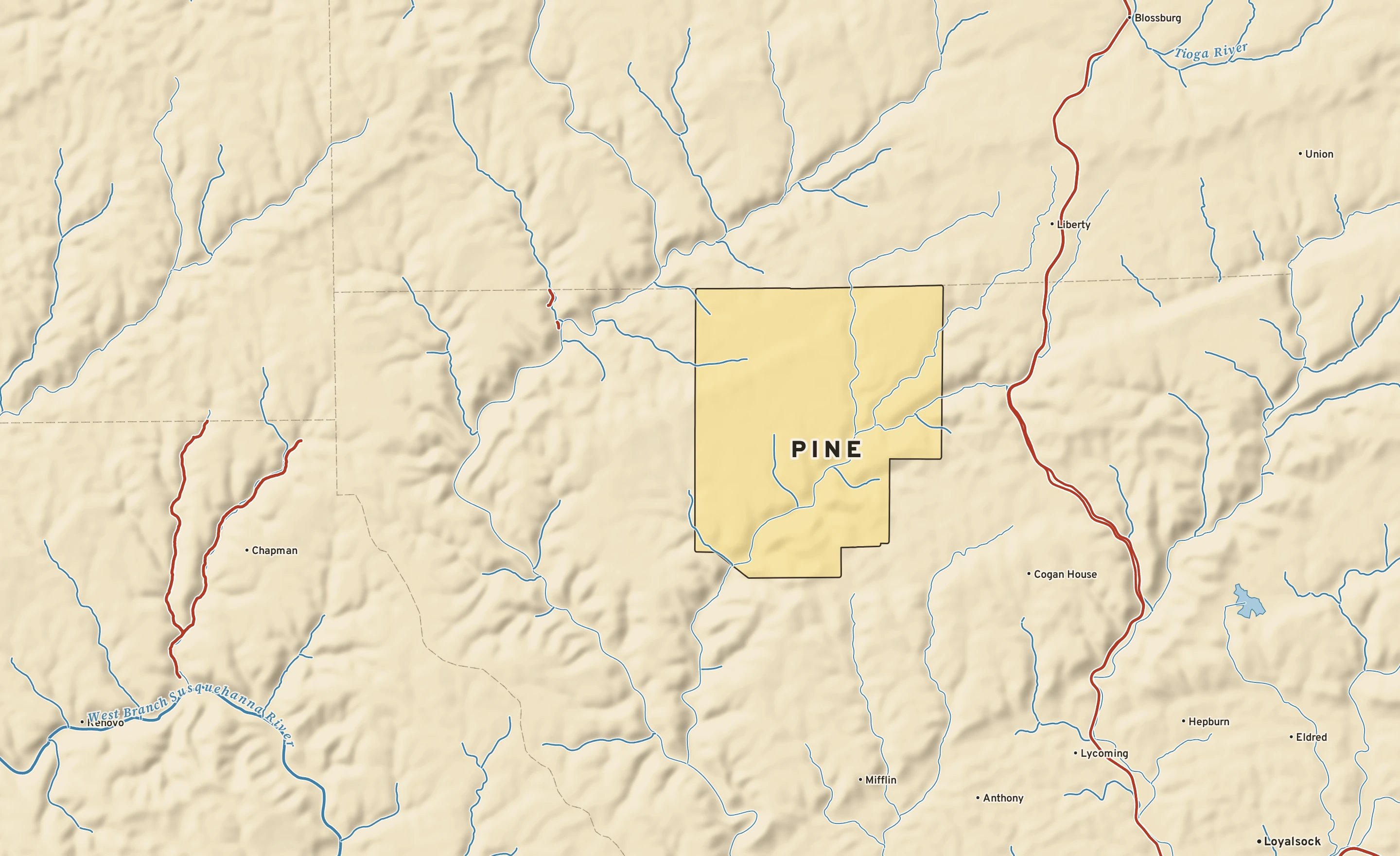 Shaded-relief atlas plate of Pine, Pennsylvania: rivers, roads, the city limits and where the water drains.