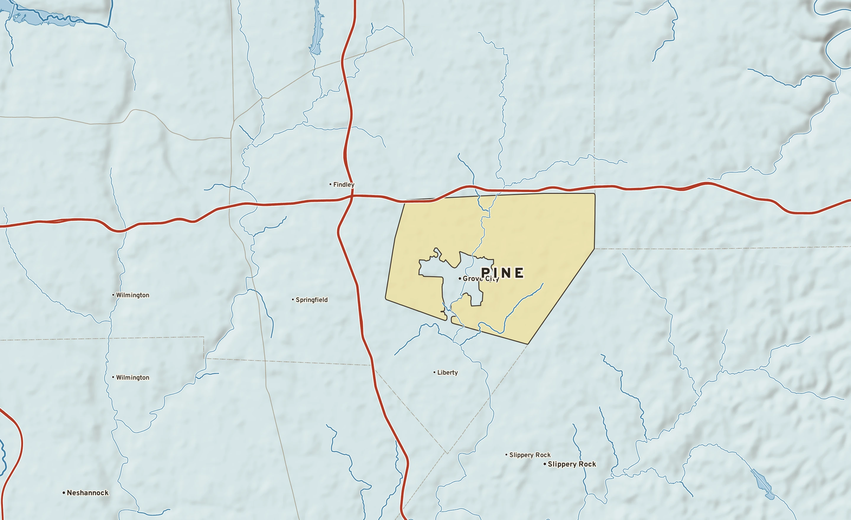 Shaded-relief atlas plate of Pine, Pennsylvania: rivers, roads, the city limits and where the water drains.