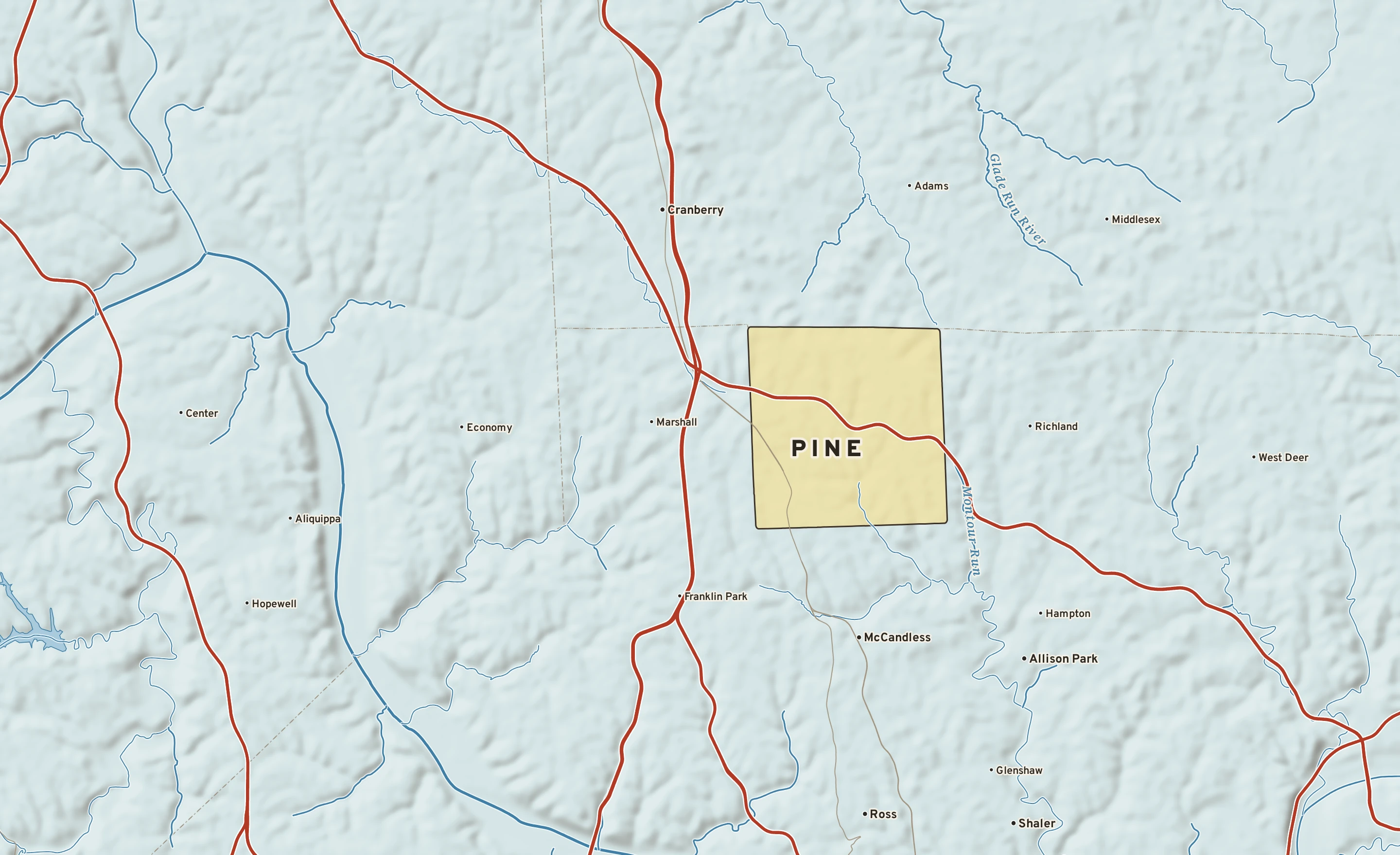 Shaded-relief atlas plate of Pine, Pennsylvania: rivers, roads, the city limits and where the water drains.