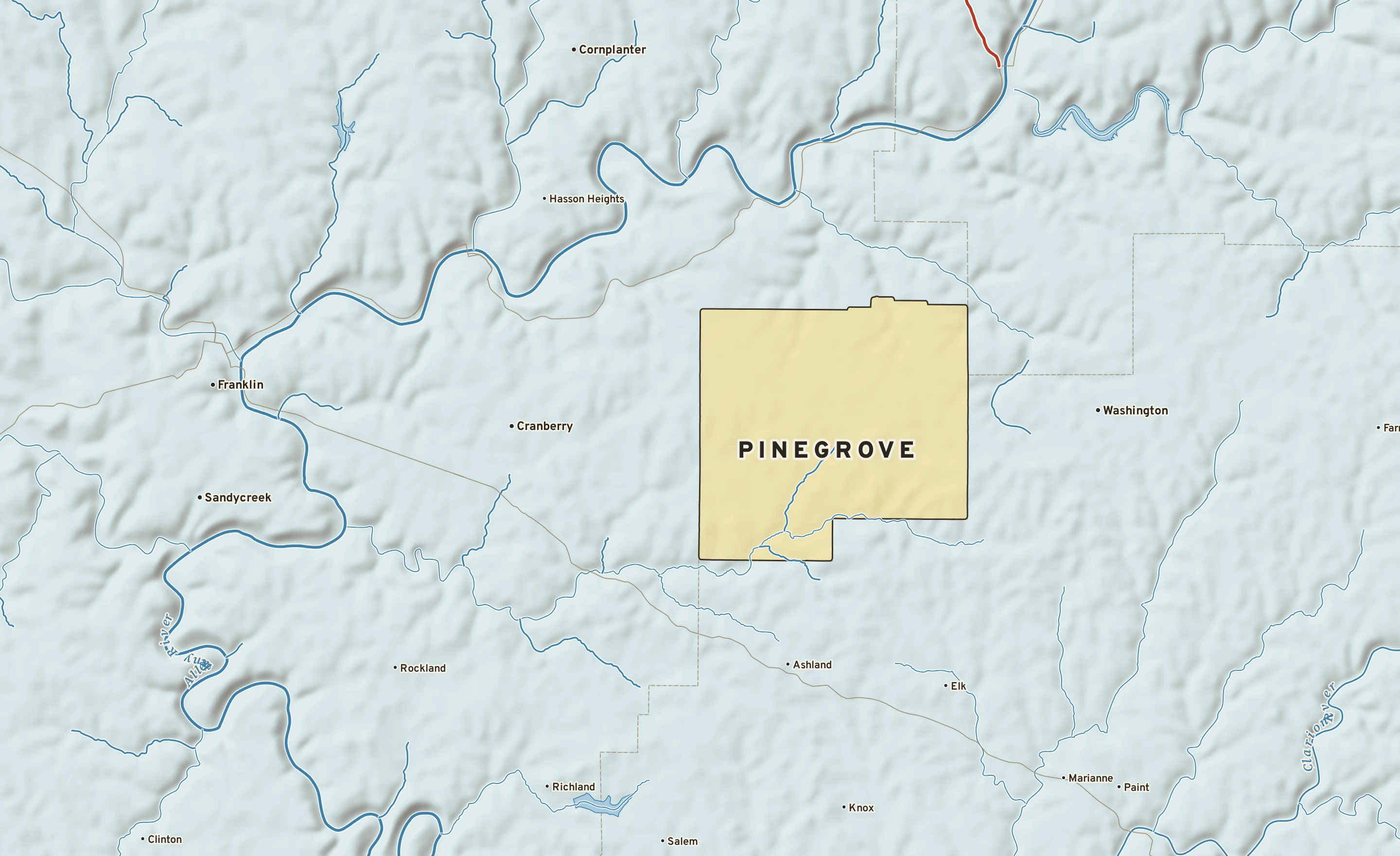 Shaded-relief atlas plate of Pinegrove, Pennsylvania: rivers, roads, the city limits and where the water drains.