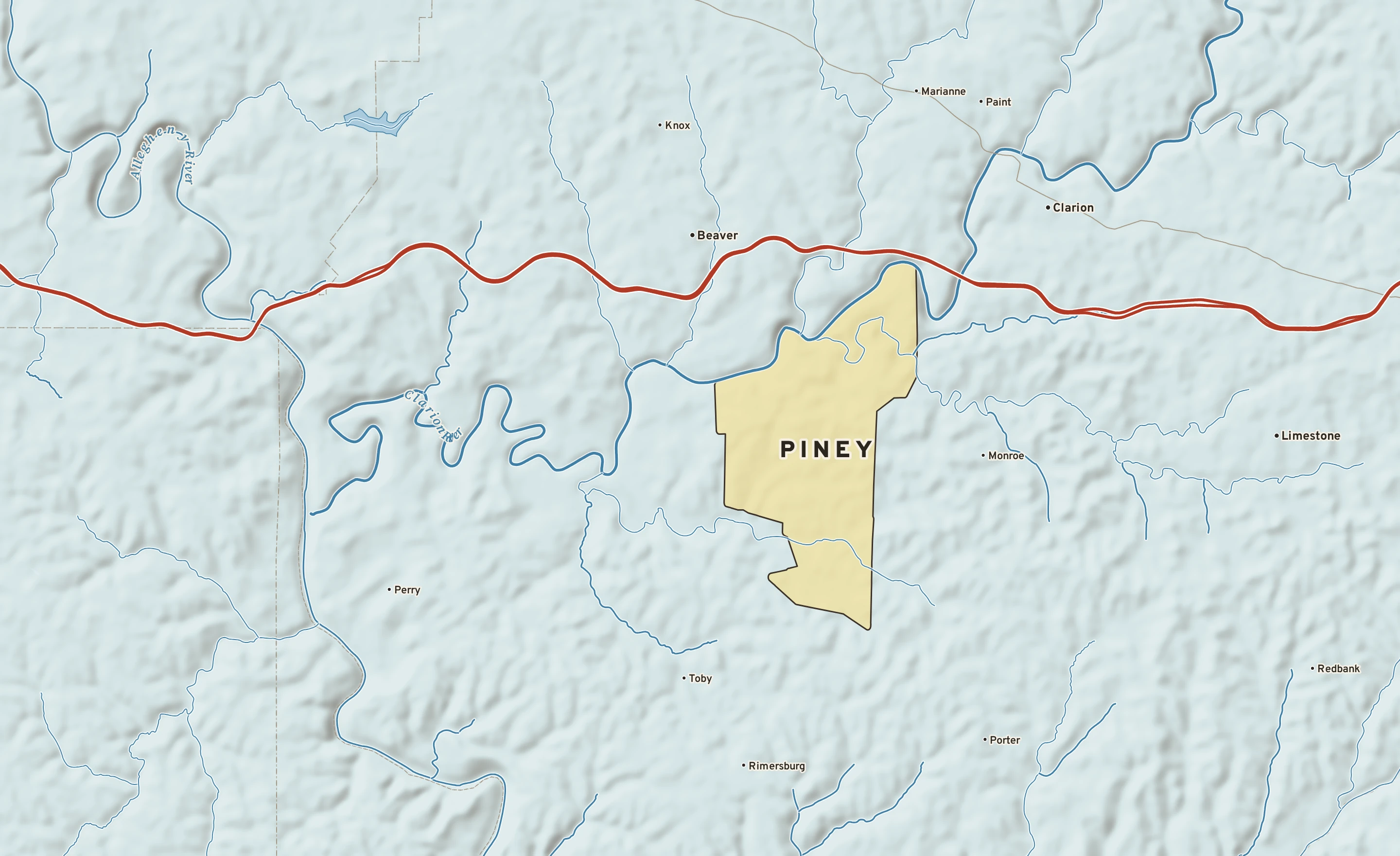 Shaded-relief atlas plate of Piney, Pennsylvania: rivers, roads, the city limits and where the water drains.