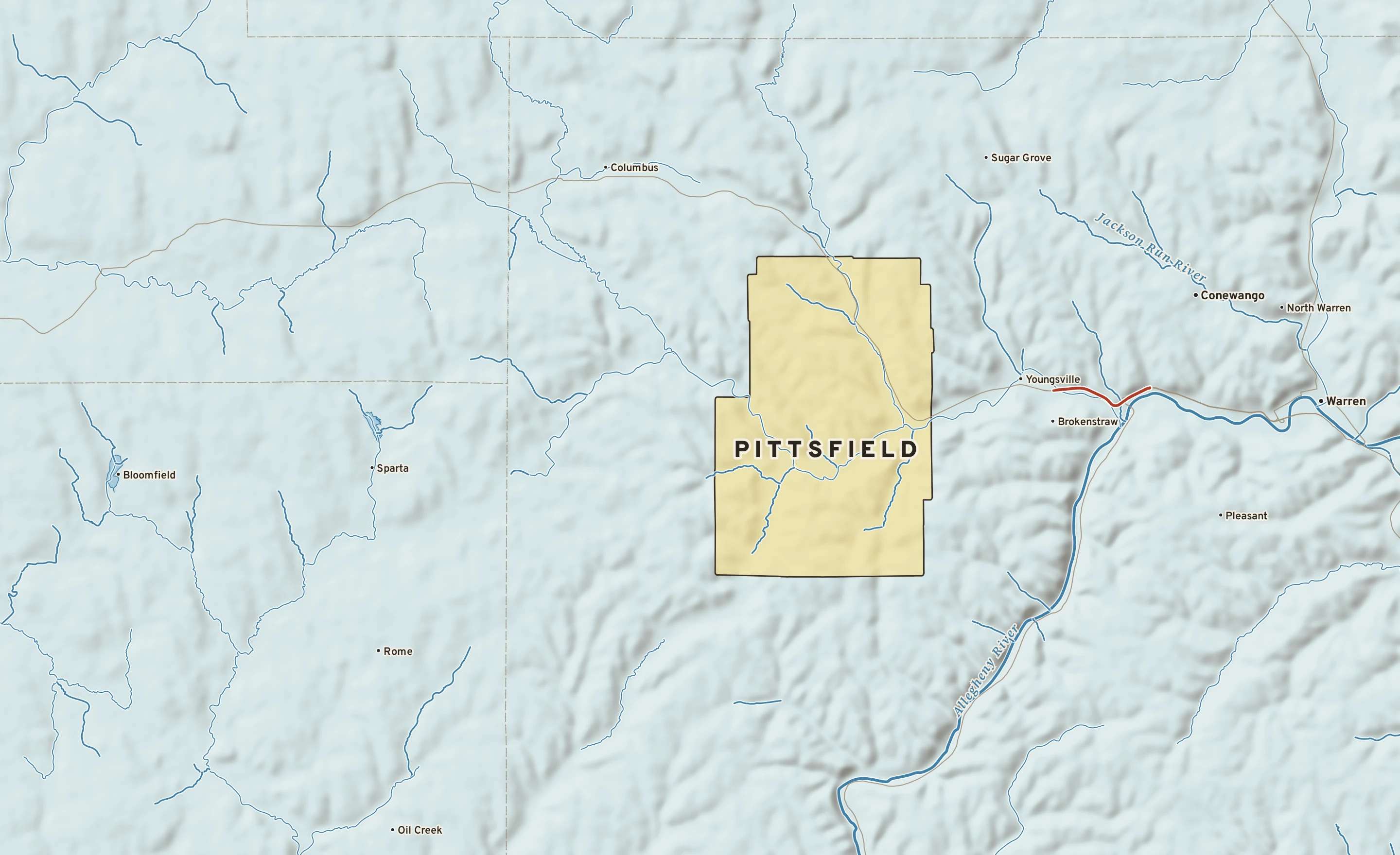 Shaded-relief atlas plate of Pittsfield, Pennsylvania: rivers, roads, the city limits and where the water drains.