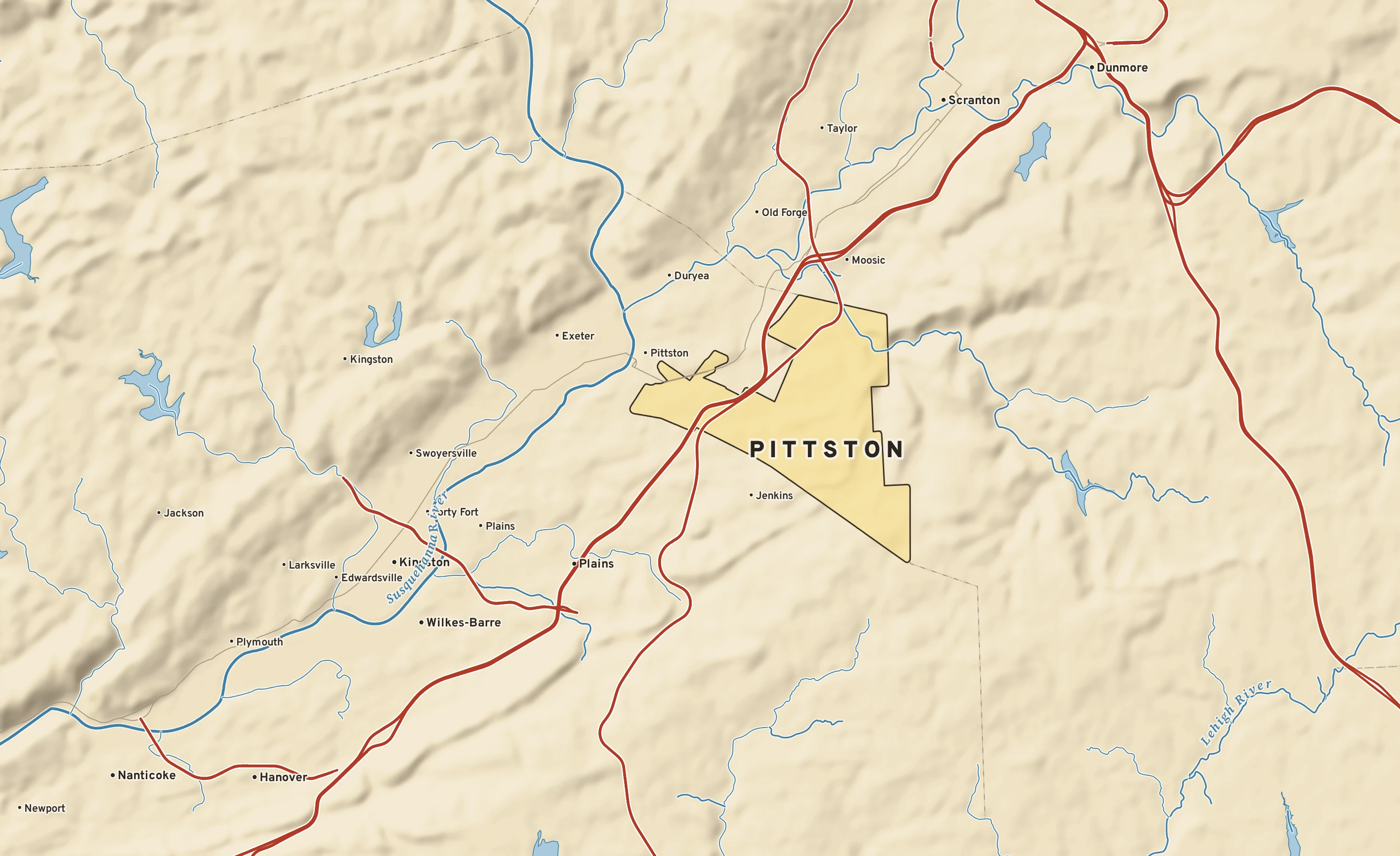 Shaded-relief atlas plate of Pittston, Pennsylvania: rivers, roads, the city limits and where the water drains.