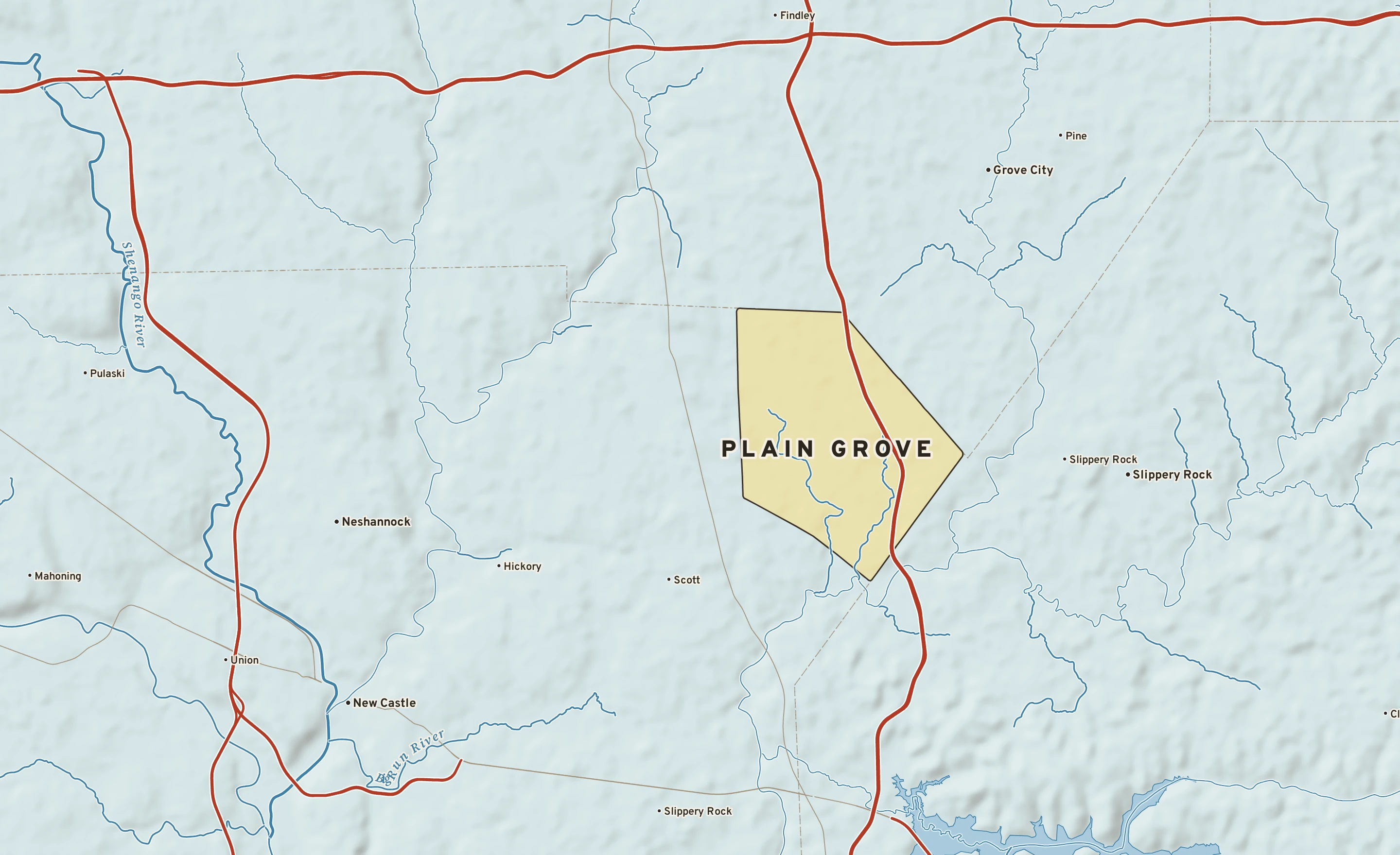 Shaded-relief atlas plate of Plain Grove, Pennsylvania: rivers, roads, the city limits and where the water drains.