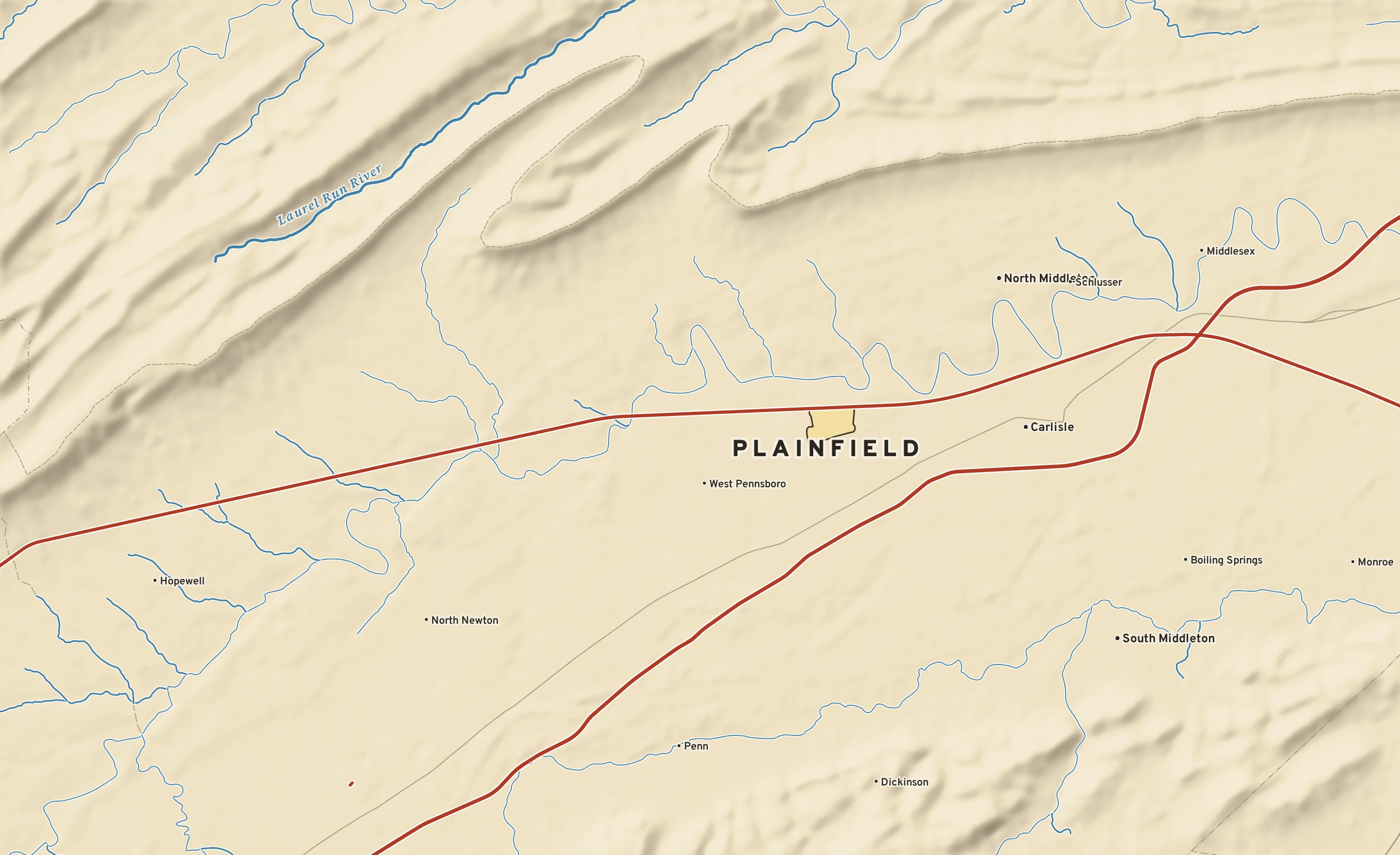Shaded-relief atlas plate of Plainfield, Pennsylvania: rivers, roads, the city limits and where the water drains.