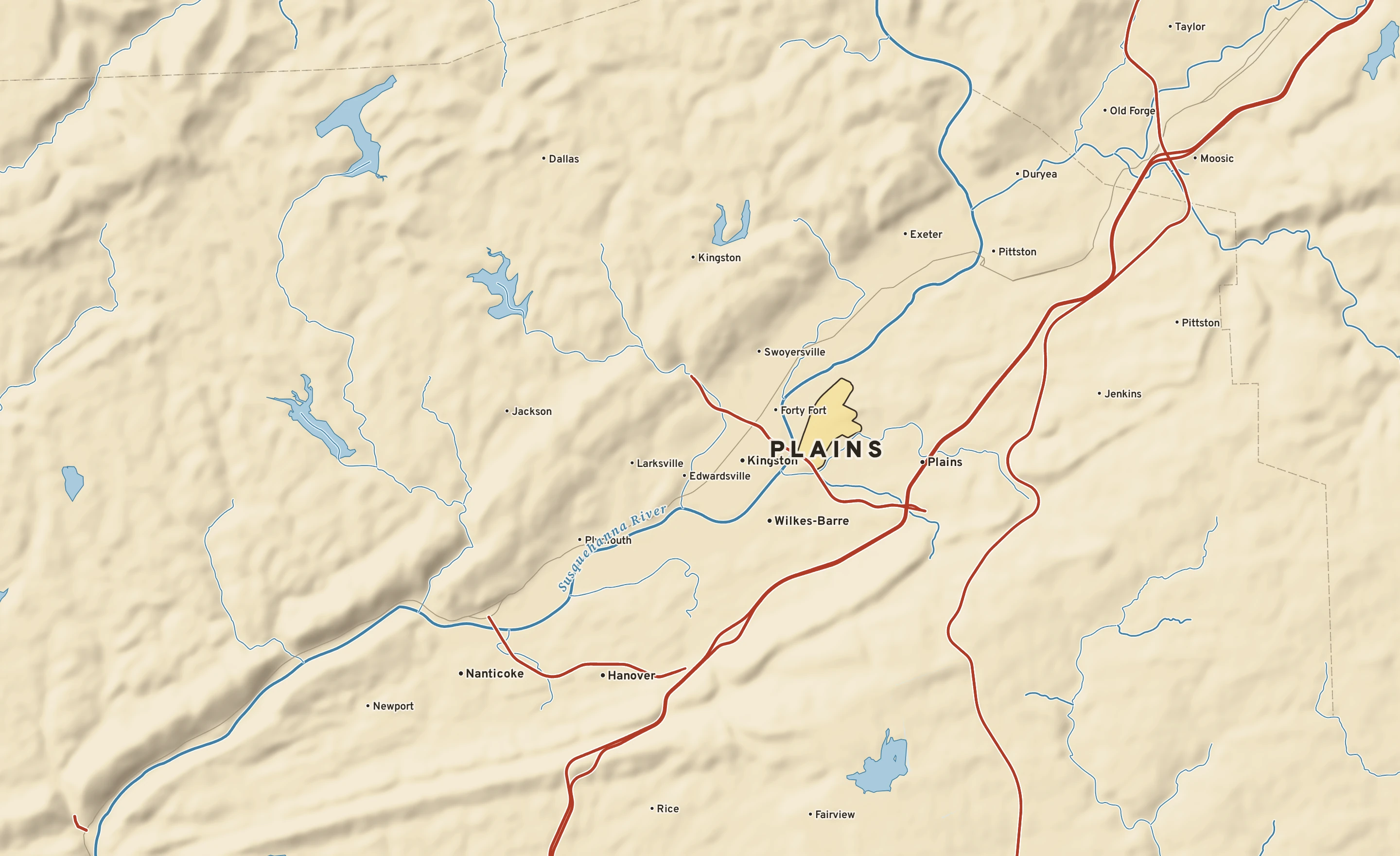 Shaded-relief atlas plate of Plains, Pennsylvania: rivers, roads, the city limits and where the water drains.