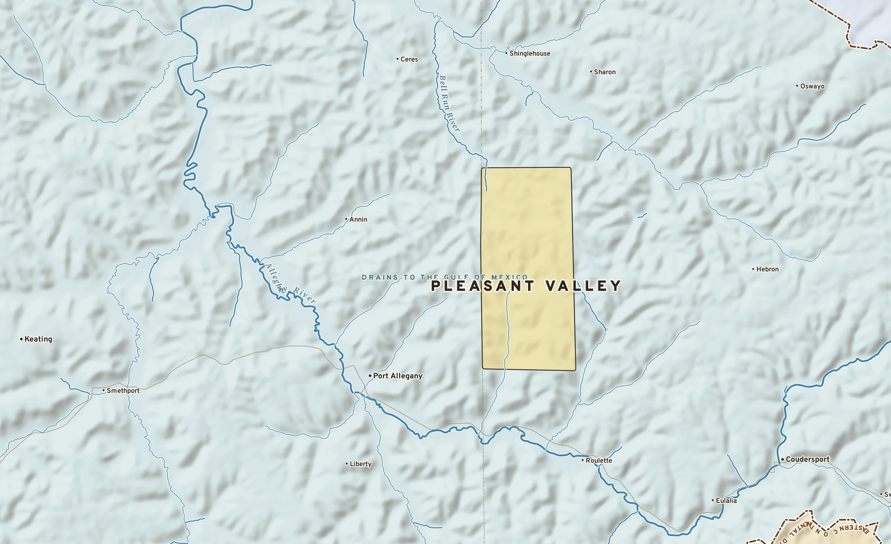 Shaded-relief atlas plate of Pleasant Valley, Pennsylvania: rivers, roads, the city limits and where the water drains.