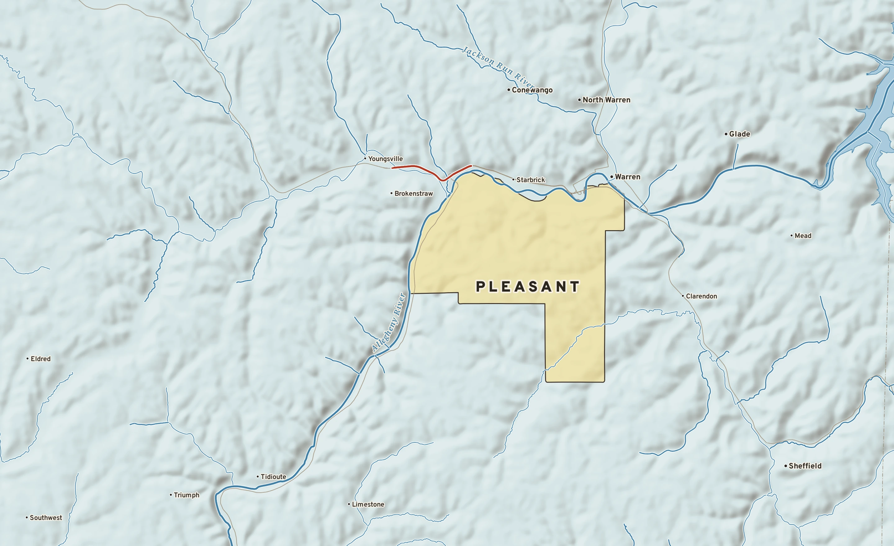 Shaded-relief atlas plate of Pleasant, Pennsylvania: rivers, roads, the city limits and where the water drains.