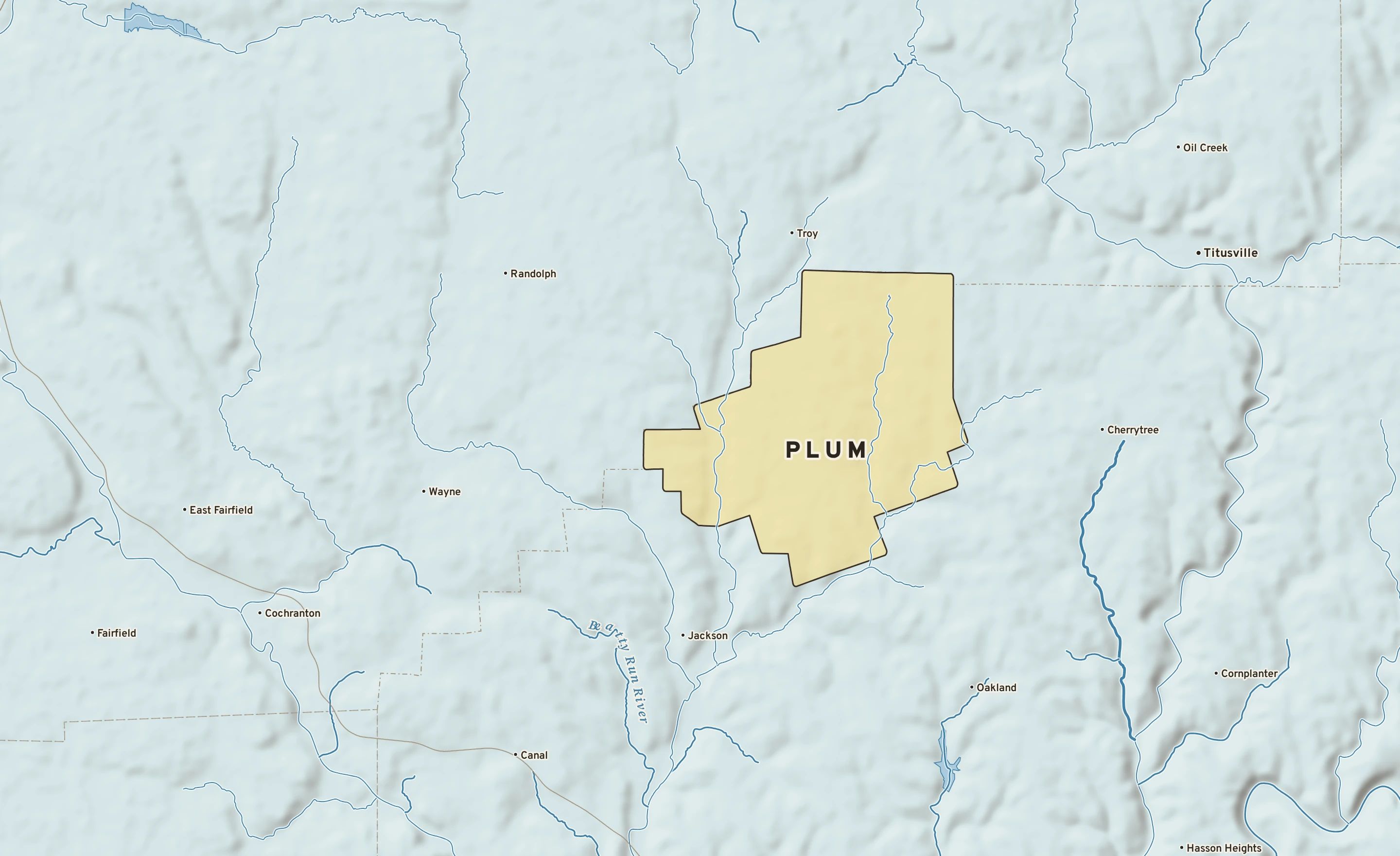 Shaded-relief atlas plate of Plum, Pennsylvania: rivers, roads, the city limits and where the water drains.