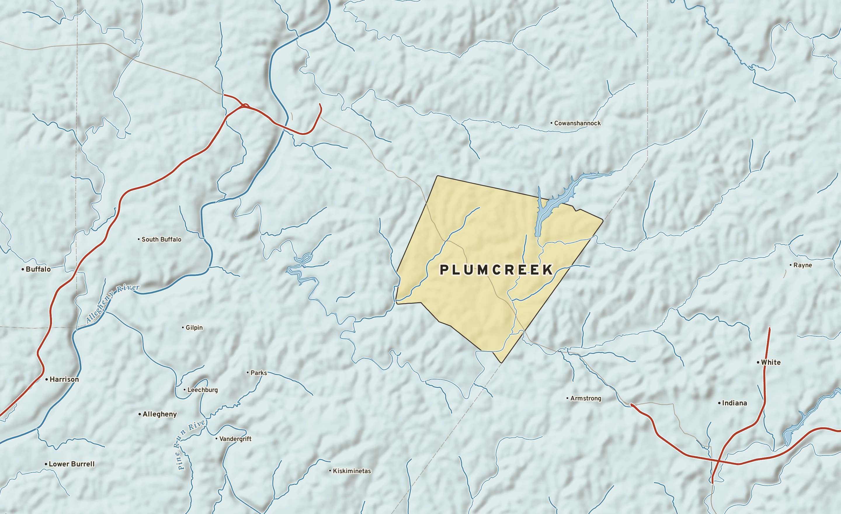 Shaded-relief atlas plate of Plumcreek, Pennsylvania: rivers, roads, the city limits and where the water drains.