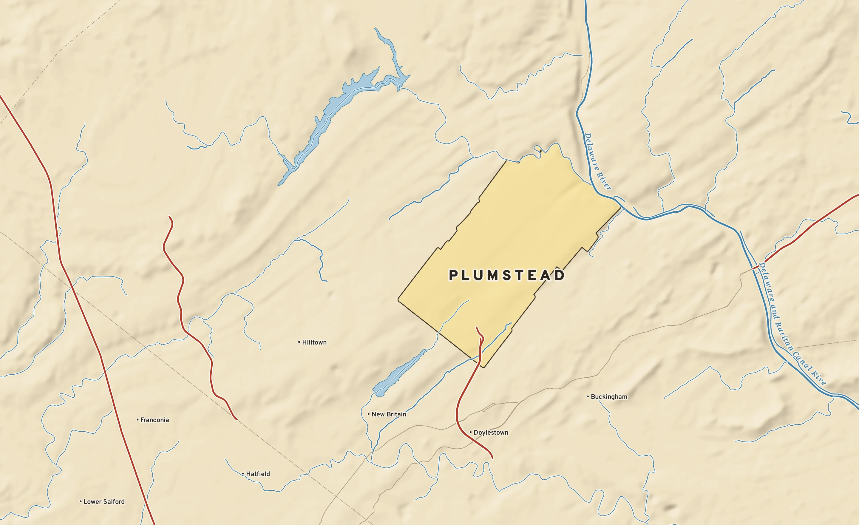 Shaded-relief atlas plate of Plumstead, Pennsylvania: rivers, roads, the city limits and where the water drains.