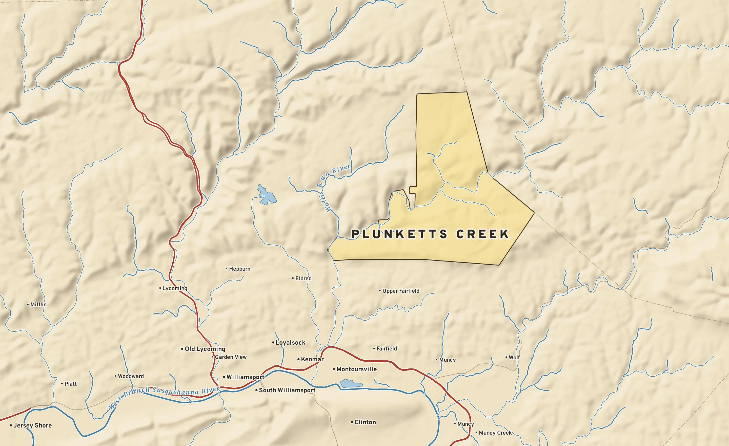 Shaded-relief atlas plate of Plunketts Creek, Pennsylvania: rivers, roads, the city limits and where the water drains.