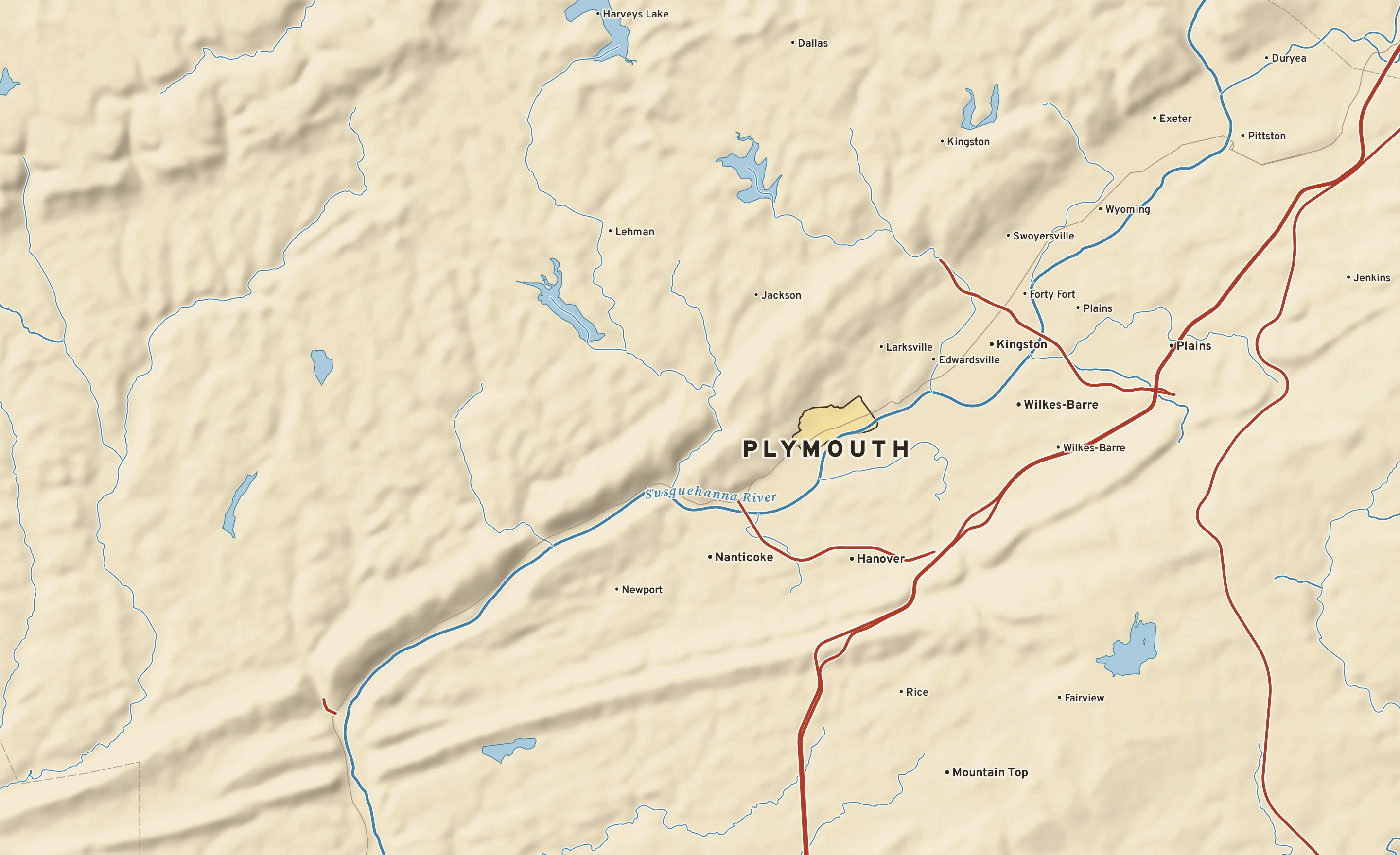 Shaded-relief atlas plate of Plymouth, Pennsylvania: rivers, roads, the city limits and where the water drains.