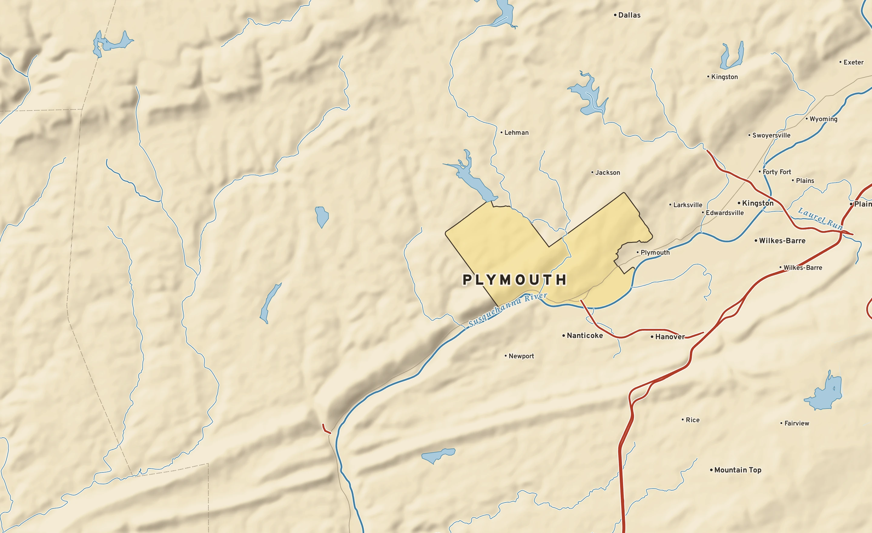 Shaded-relief atlas plate of Plymouth, Pennsylvania: rivers, roads, the city limits and where the water drains.