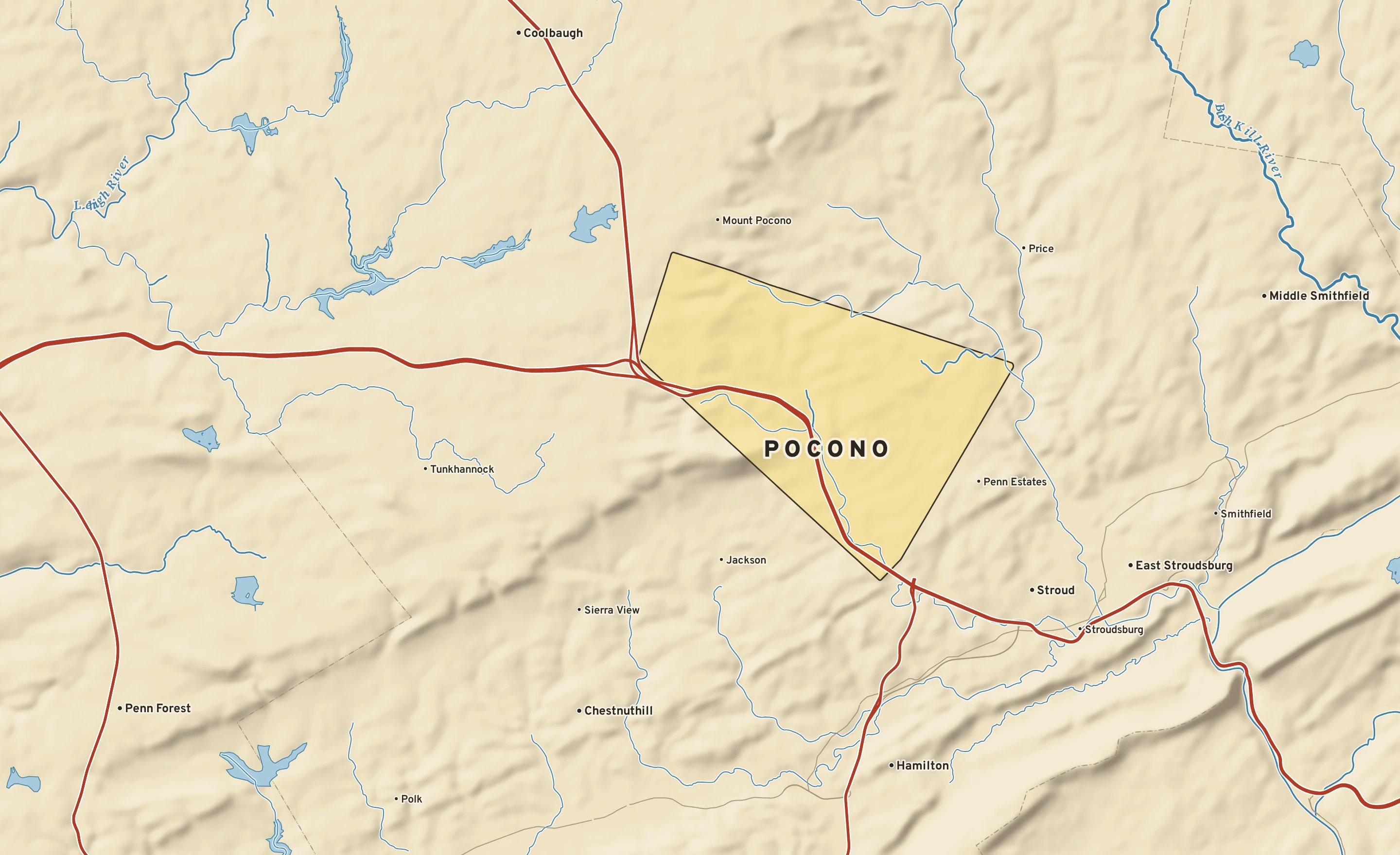 Shaded-relief atlas plate of Pocono, Pennsylvania: rivers, roads, the city limits and where the water drains.