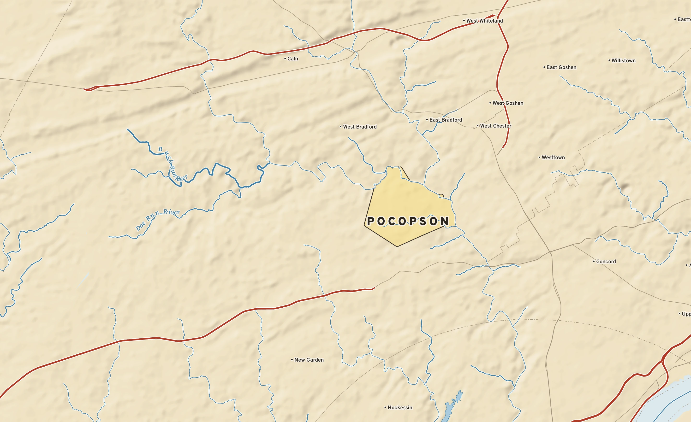 Shaded-relief atlas plate of Pocopson, Pennsylvania: rivers, roads, the city limits and where the water drains.